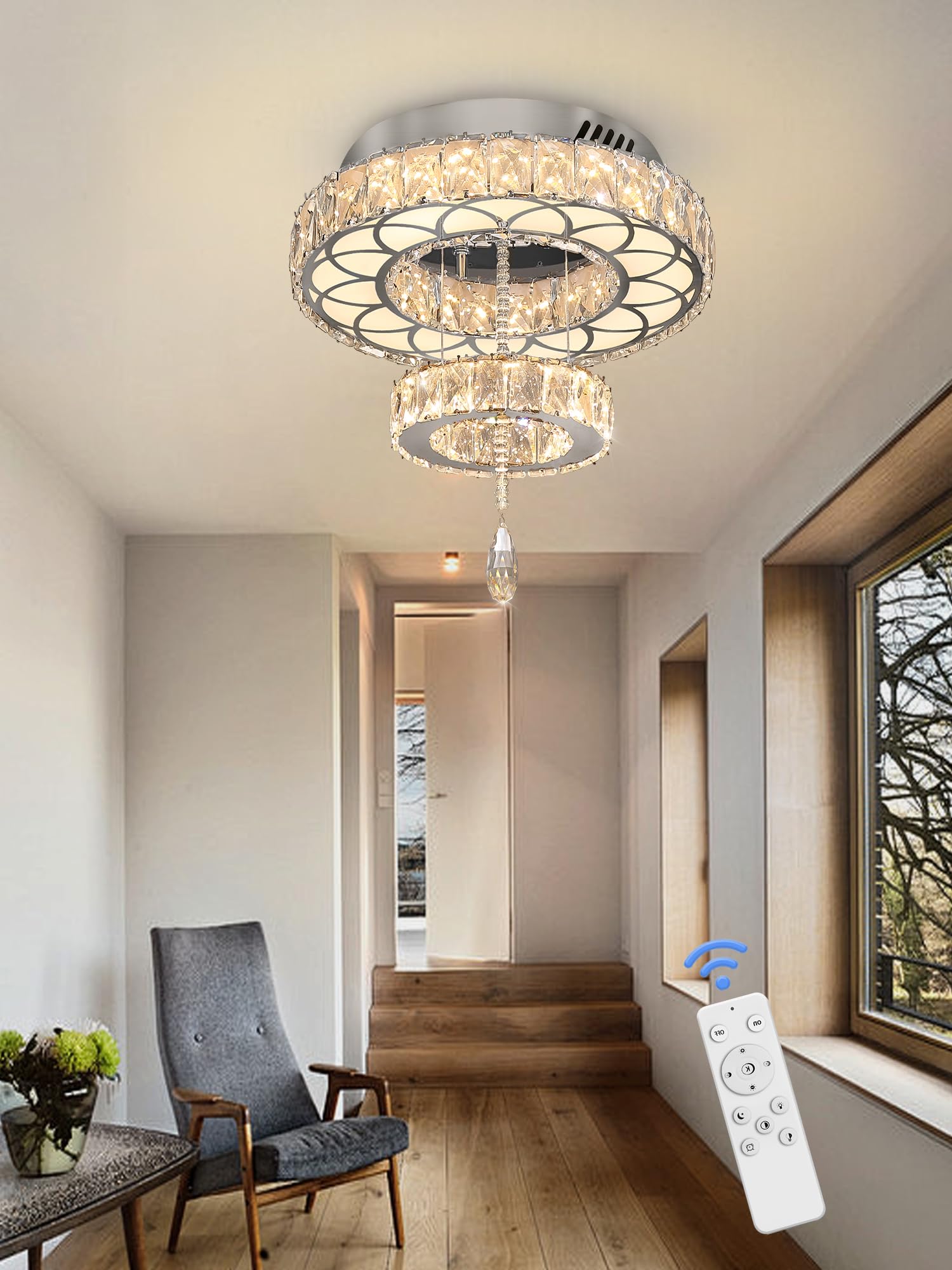 Flashing God 16" Crystal Chandelier, Silver LED Flush Mount Light, Dimmable 2700K/4500K/6000K for Living Room & Bedrooms, Model MMQ026