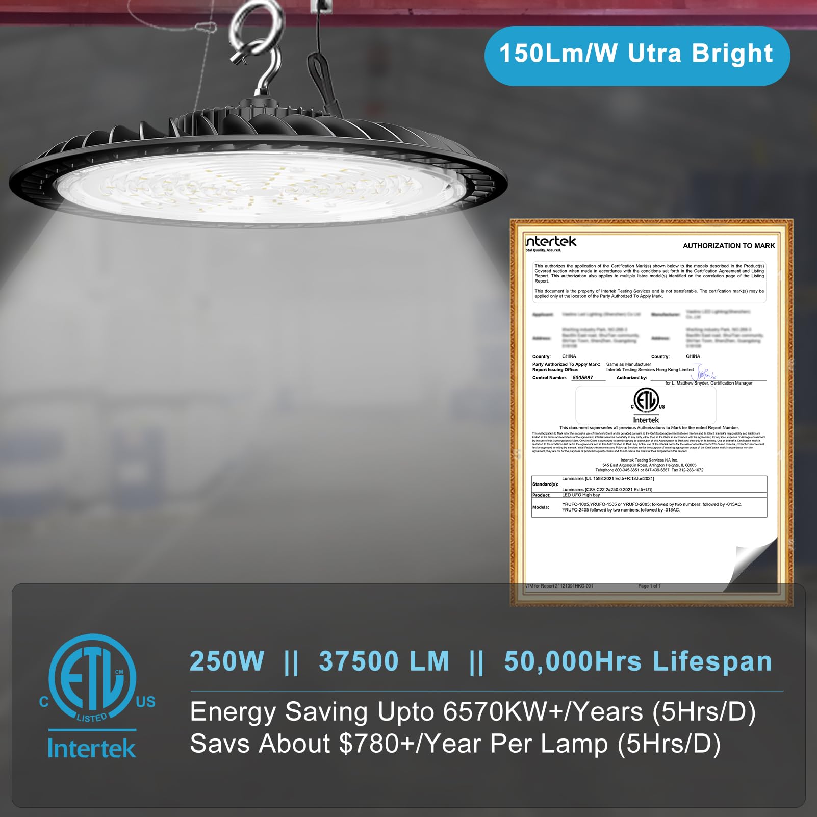 Lightdot 250W Led High Bay Light 37500Lm Commercial Bay Lighting, 5000K Ac100-277V Ufo Led High Bay Shop Light With Us Plug Suit