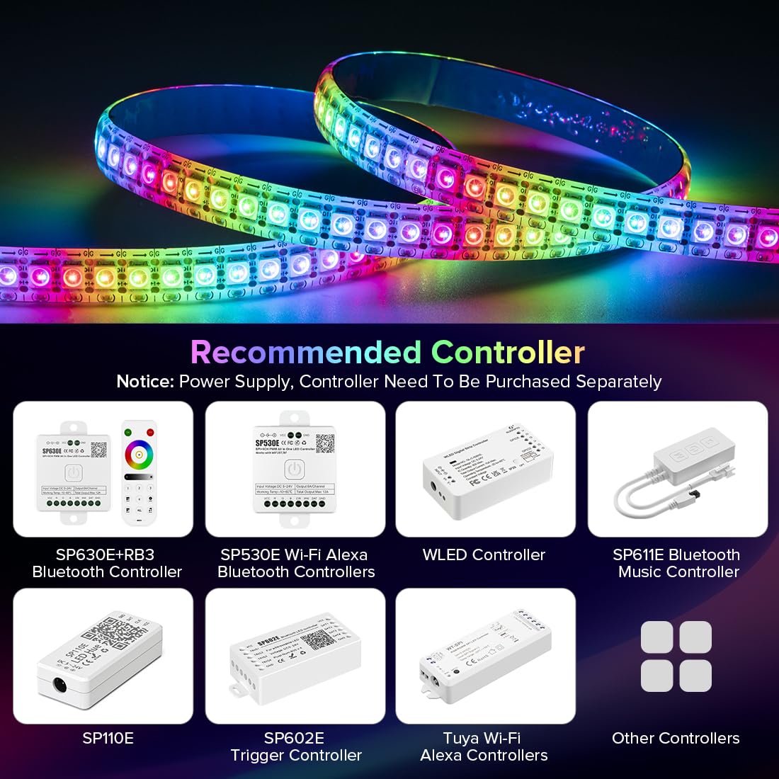 SEZO WS2812B LED Strip Light 3.3FT 144 LEDs/m IP65 Waterproof White Model M1WS2812B1M144LW65E