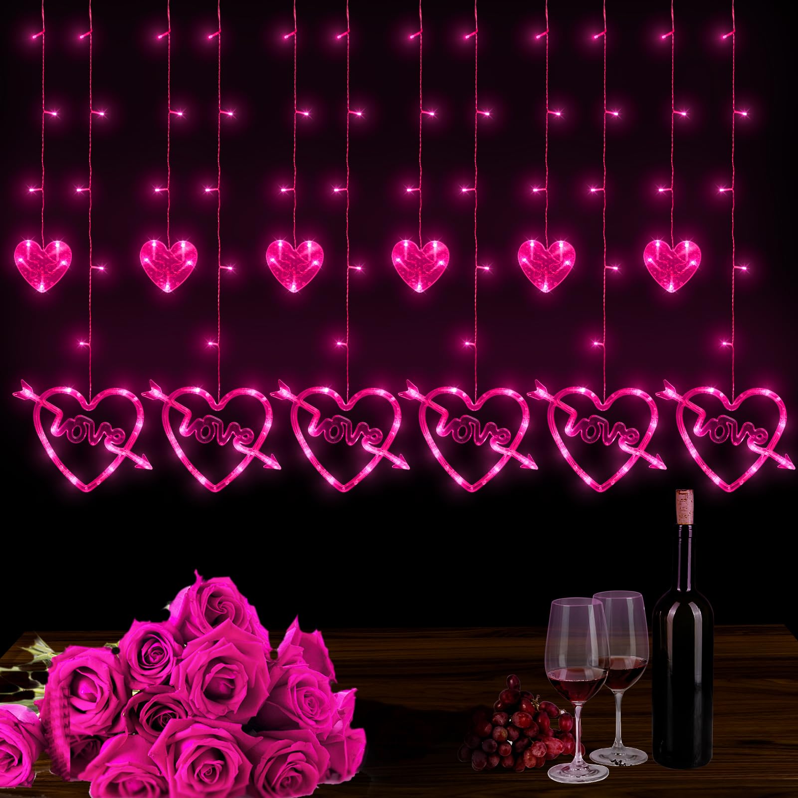 Valentines Day Decor, 138Led 12 Hearts Curtain Lights For Bedroom, Window Lights With Remote 8 Modes, Usb And Battery Powered Va