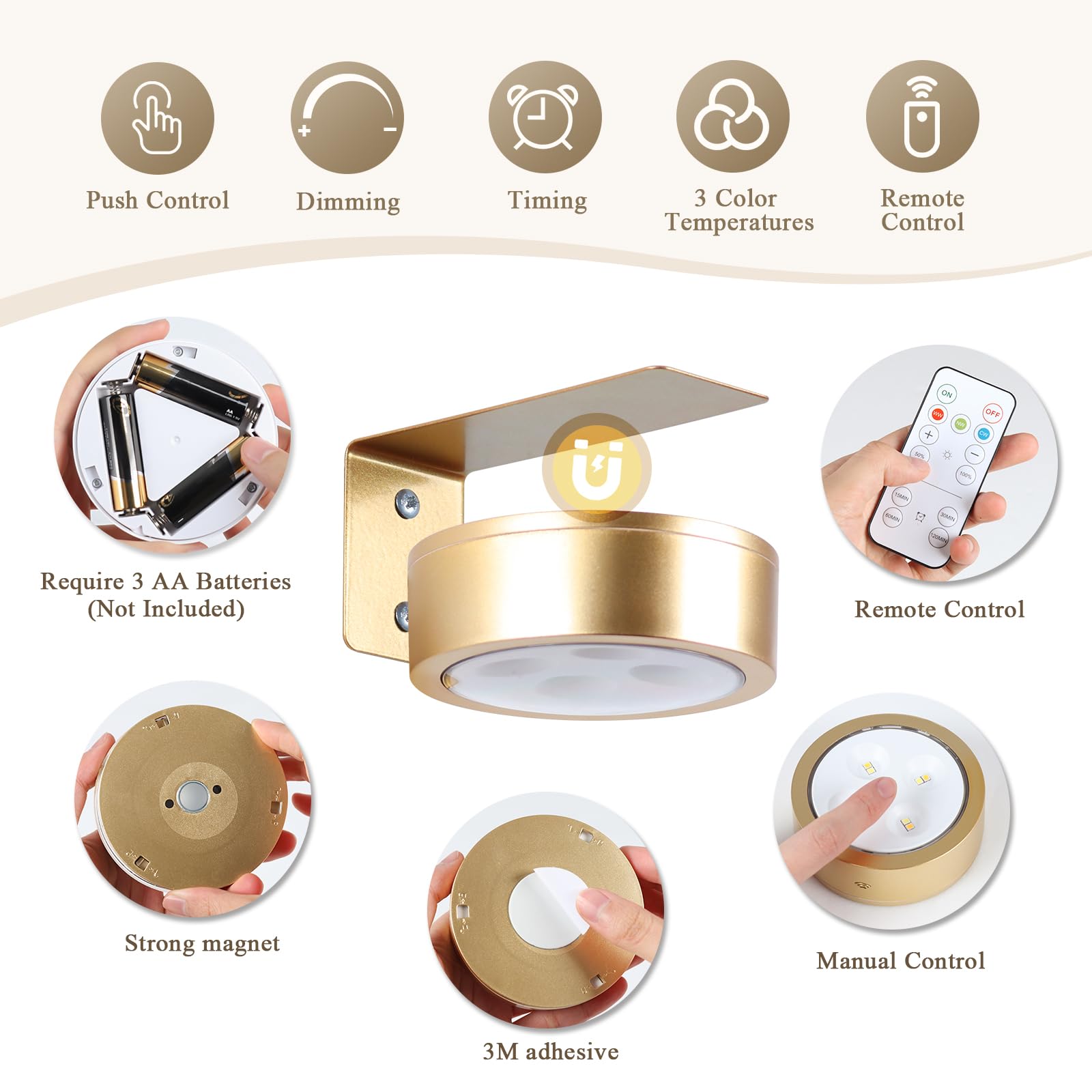 KELUOLY Picture Light 2-Pack, Battery Operated, Dimmable with Remote, Gold, Model BQ3S-2J