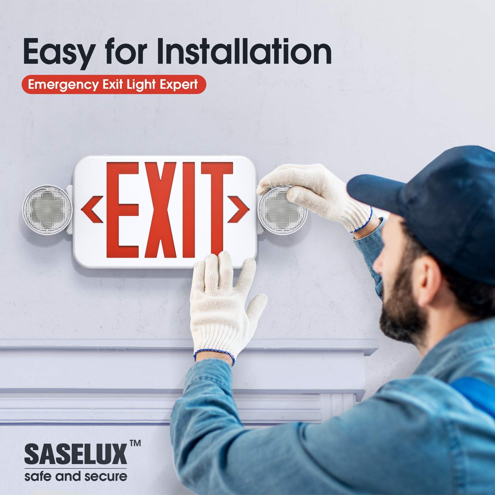Saselux Red Led Exit Sign Emergency Light Combo Adjustable Two Head, Double Sided And Battery Backup Exit Light, Contractor Select, Ac 120/277V (4 Pack)