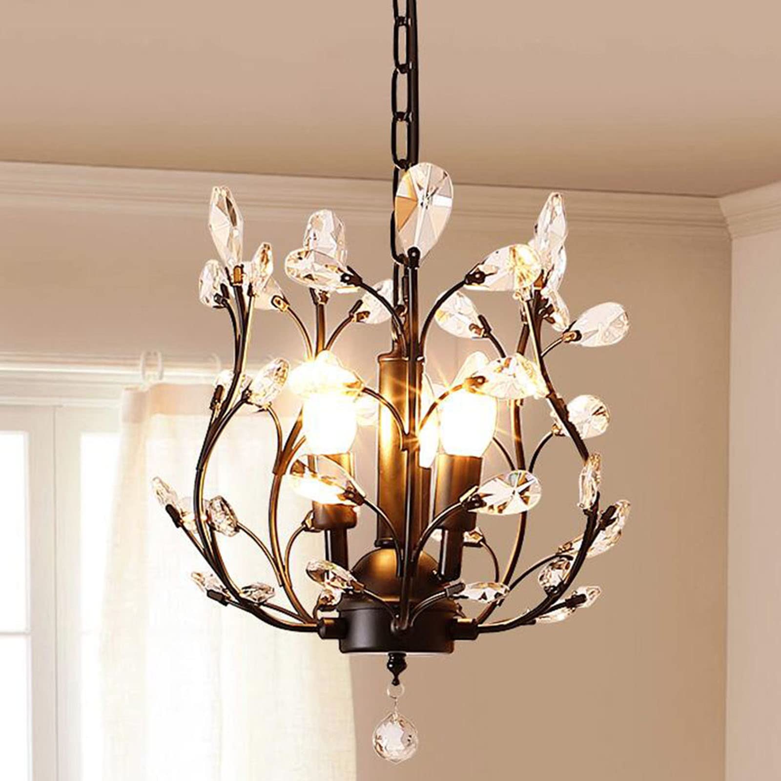 Ganeed Vintage K9 Crystal Chandelier - 3-Light Flush Mount Fixture, Black Iron For Living Room, Dining Room, Restaurant, Hallway