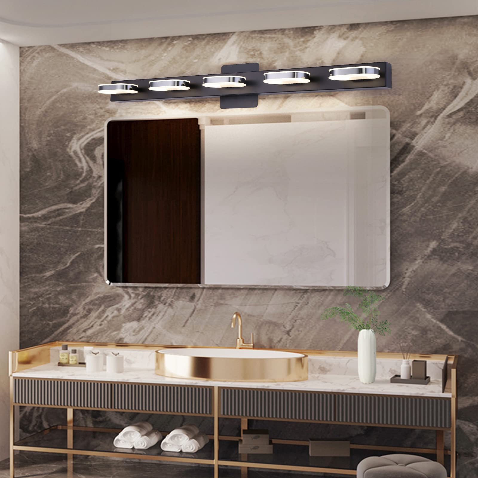 Myhaptim Modern Led 5-Light Bathroom Vanity Light Sconce - Black, 33 Inch Natural White Light