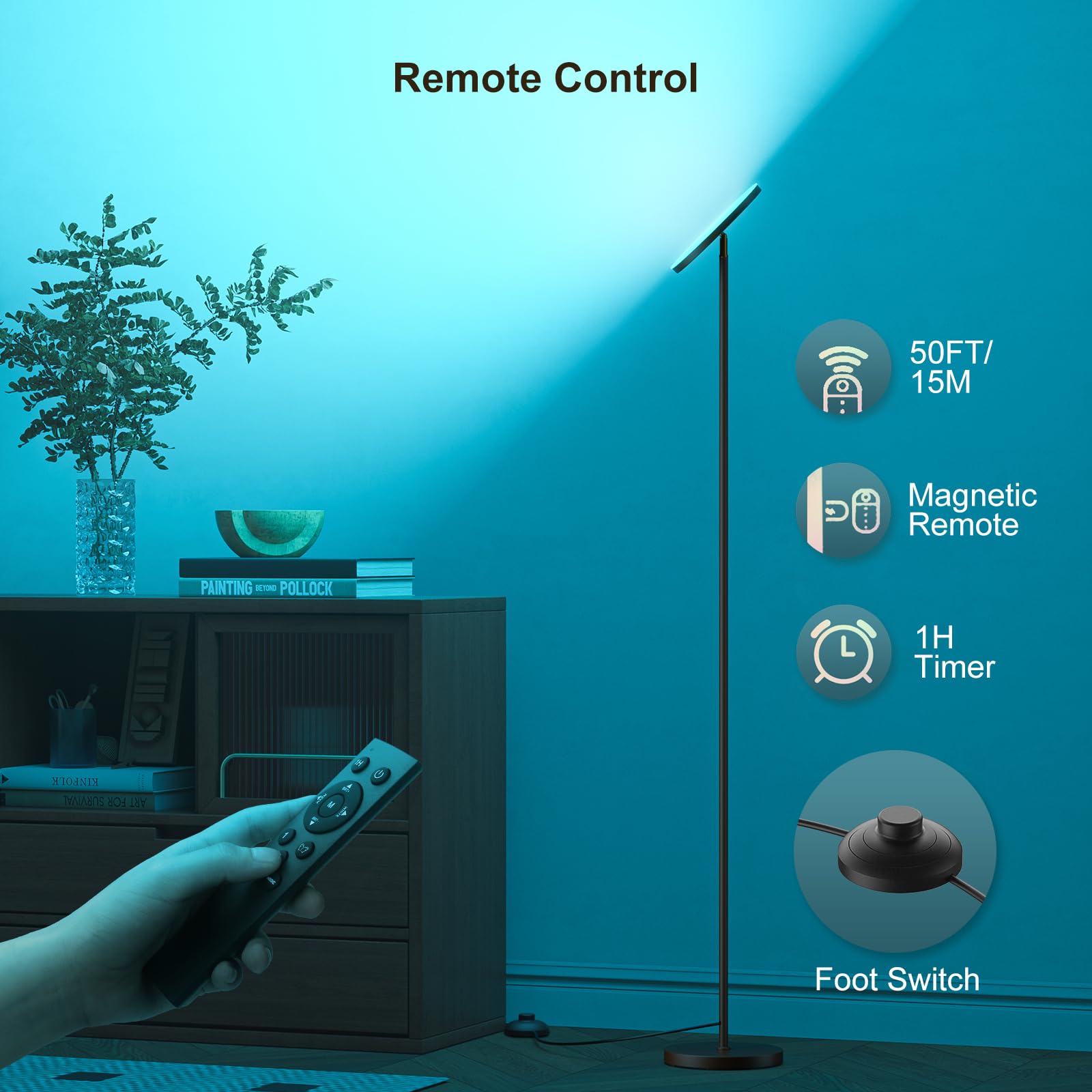 FULSUNT RGB Torchiere Floor Lamp, 32W/3200LM, Remote Control, Stepless Dimming, 69in Tall, Brown, Model FLD-036-F2