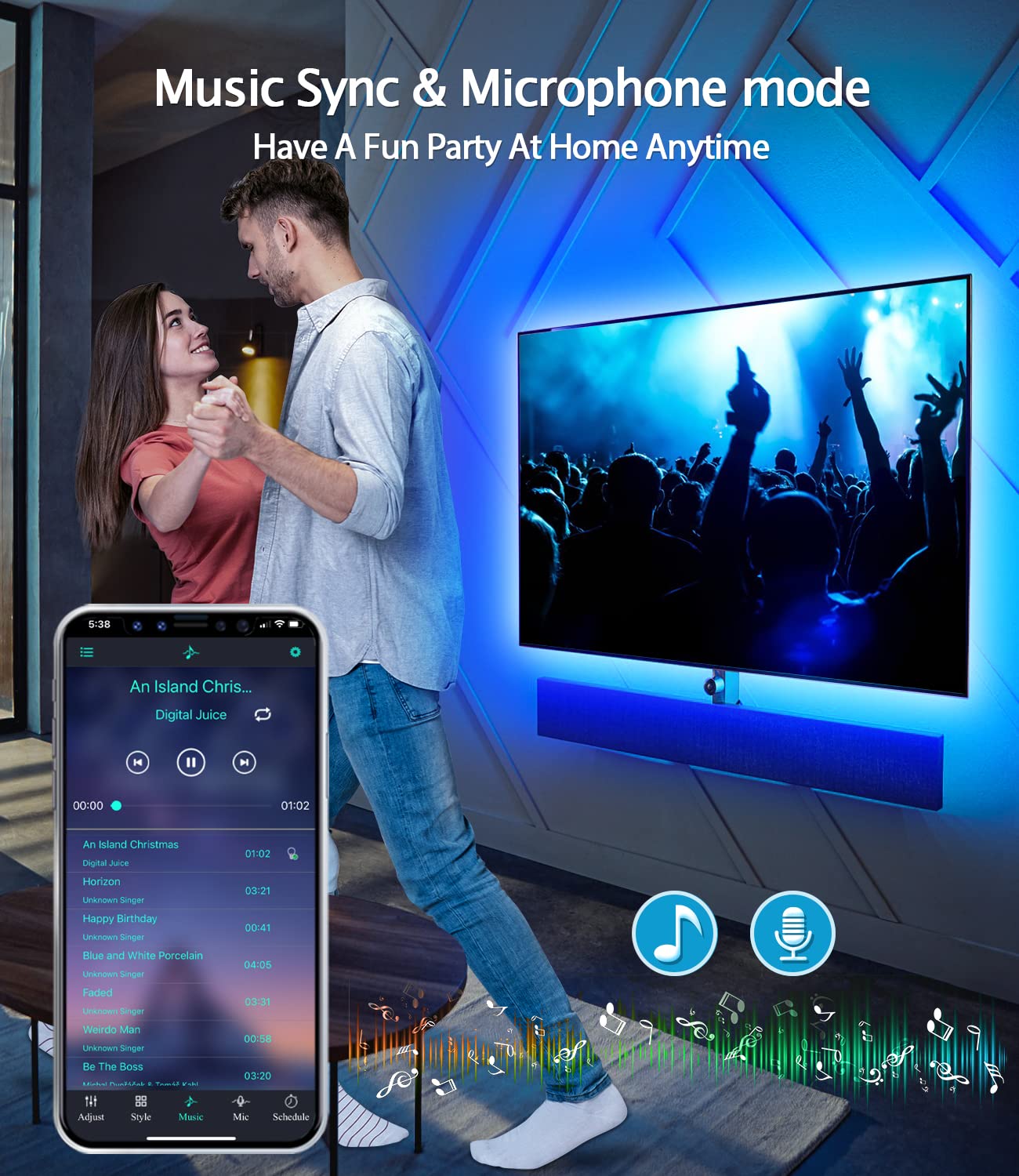 Daymeet 13.1ft RGB LED TV Backlight, Music Sync Bluetooth Control, USB Powered Light Strip for 45-60 inch TVs, Solid Colors