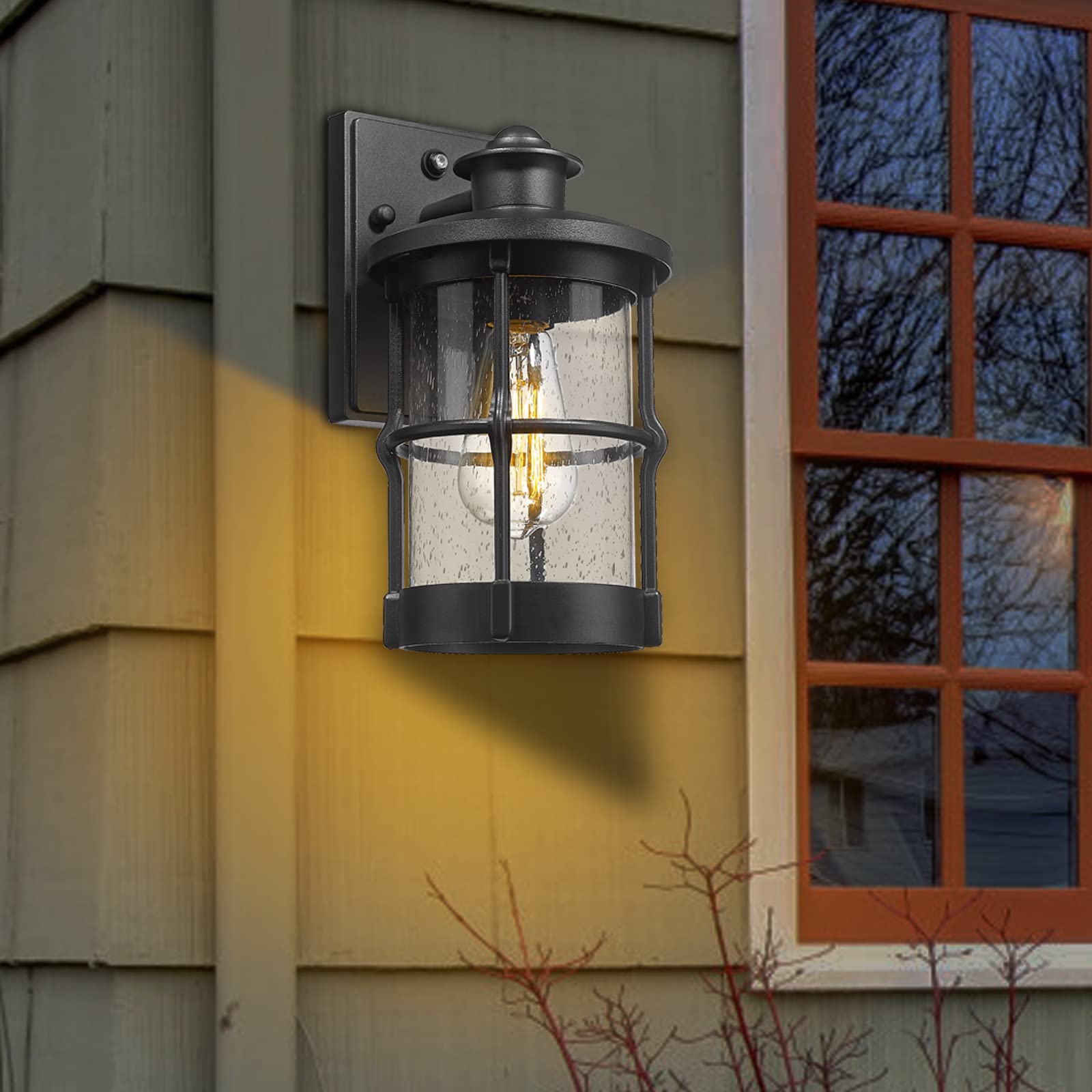 Rosient Outdoor Wall Sconce - Dusk to Dawn Black Metal Entryway Light Fixture, Model DDLTM-W, Seeded Glass, 1 Pack