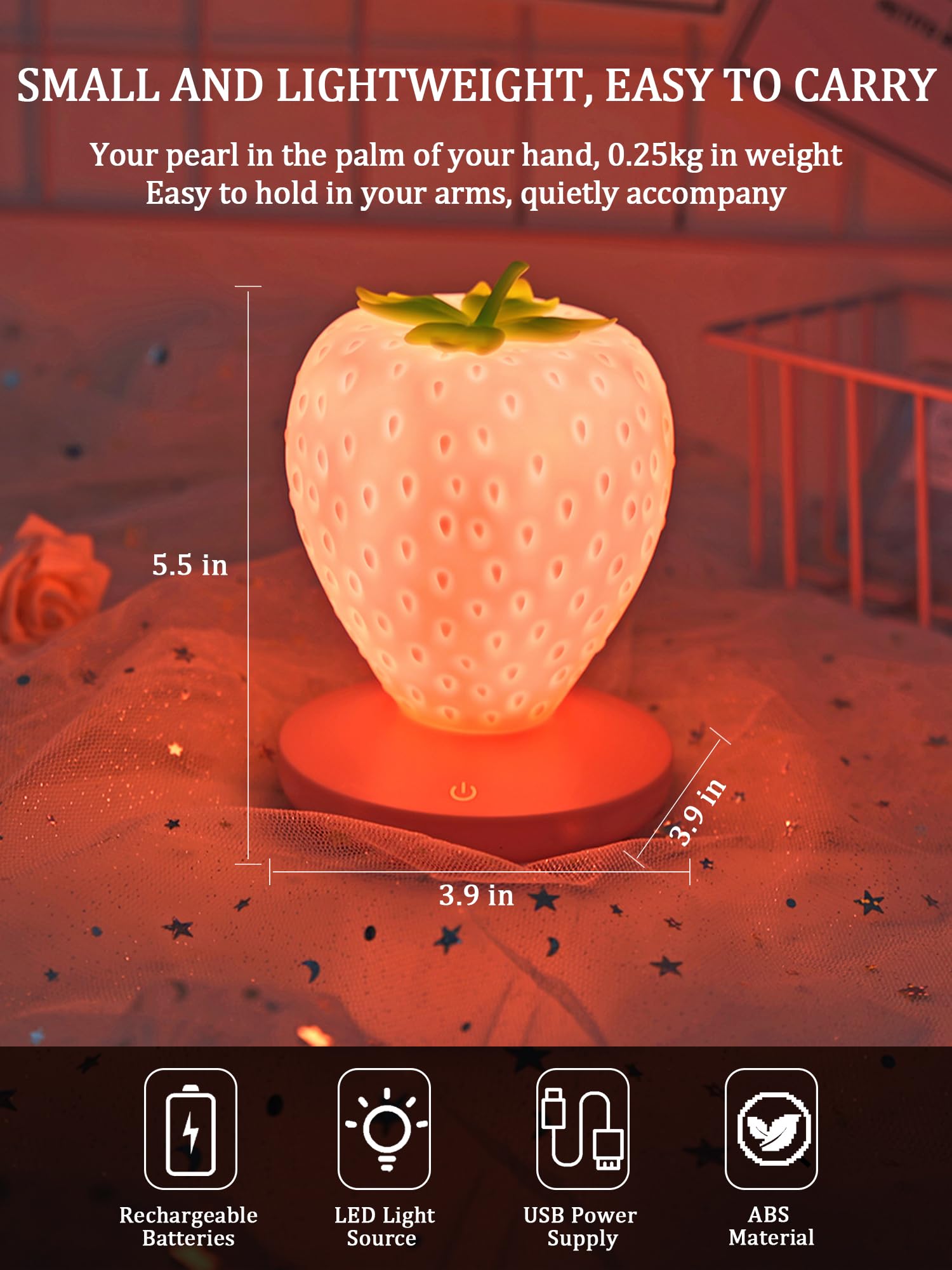 Wlhong Strawberry Night Light,Cute Silicone Strawberry Lights Kawaii Room Decor,Usb Rechargeable Bedside Lamp 3 Gear Touch Lighting,Cute Strawberry Gifts For Baby,Children, Toddlers,Teen Girls
