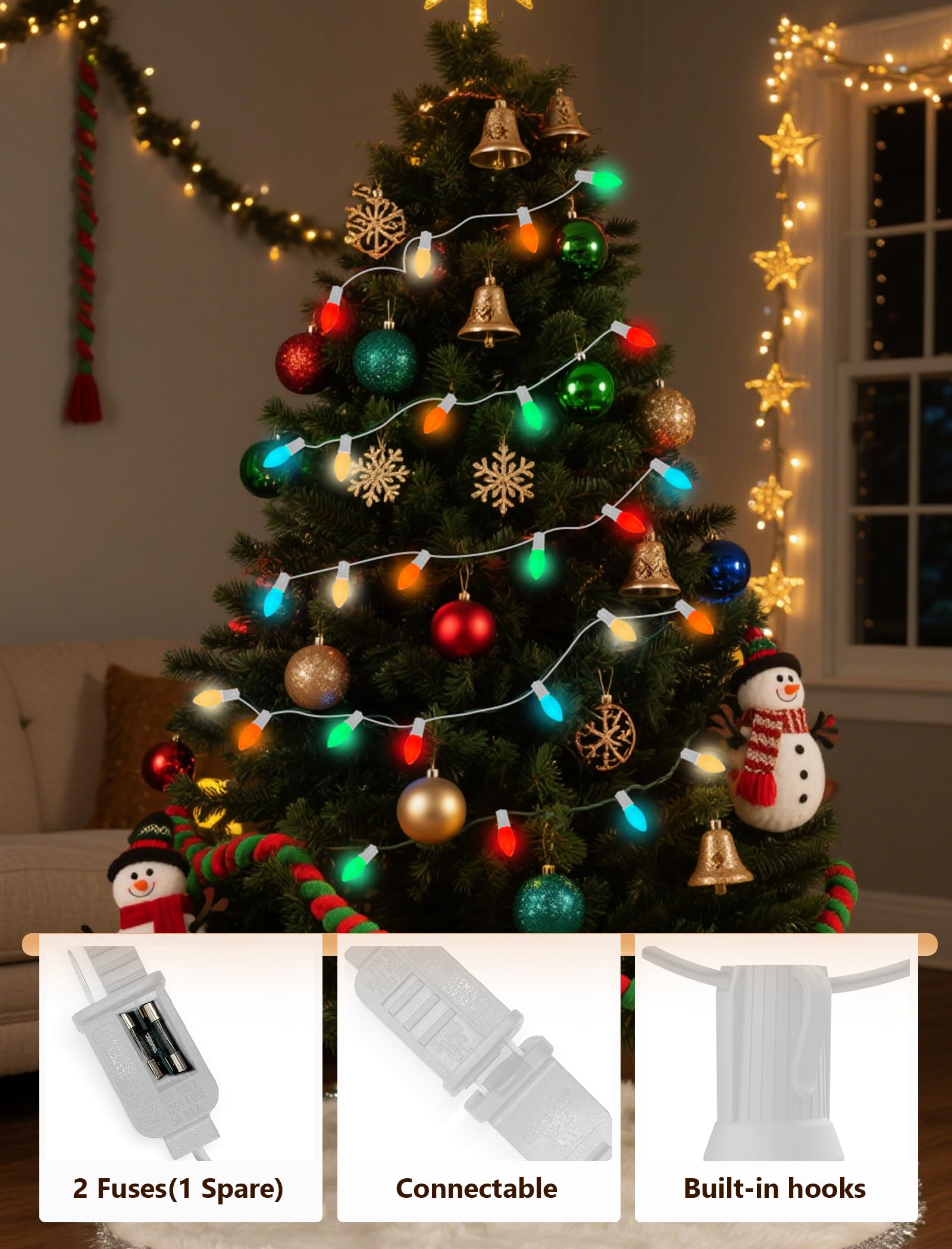 25Ft C9 Led Christmas Lights Outdoor  Vintage Christmas String Light Plug In With 26 Shatterproof C9 Multicolor Bulbs Christmas Decorations Lights For Christmas Tree Patio Roofline Party  White Wire