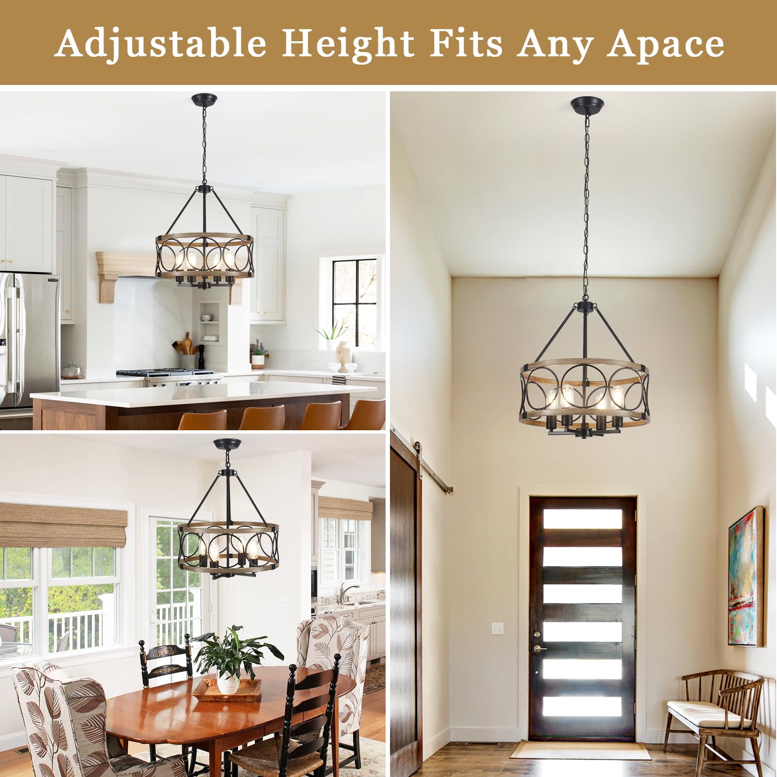 Farmhouse Chandelier For Dining Room Light Fixture 4-Light 17.71    Rustic Black And Brown Metal Wood Grain Round Pendant Kitche