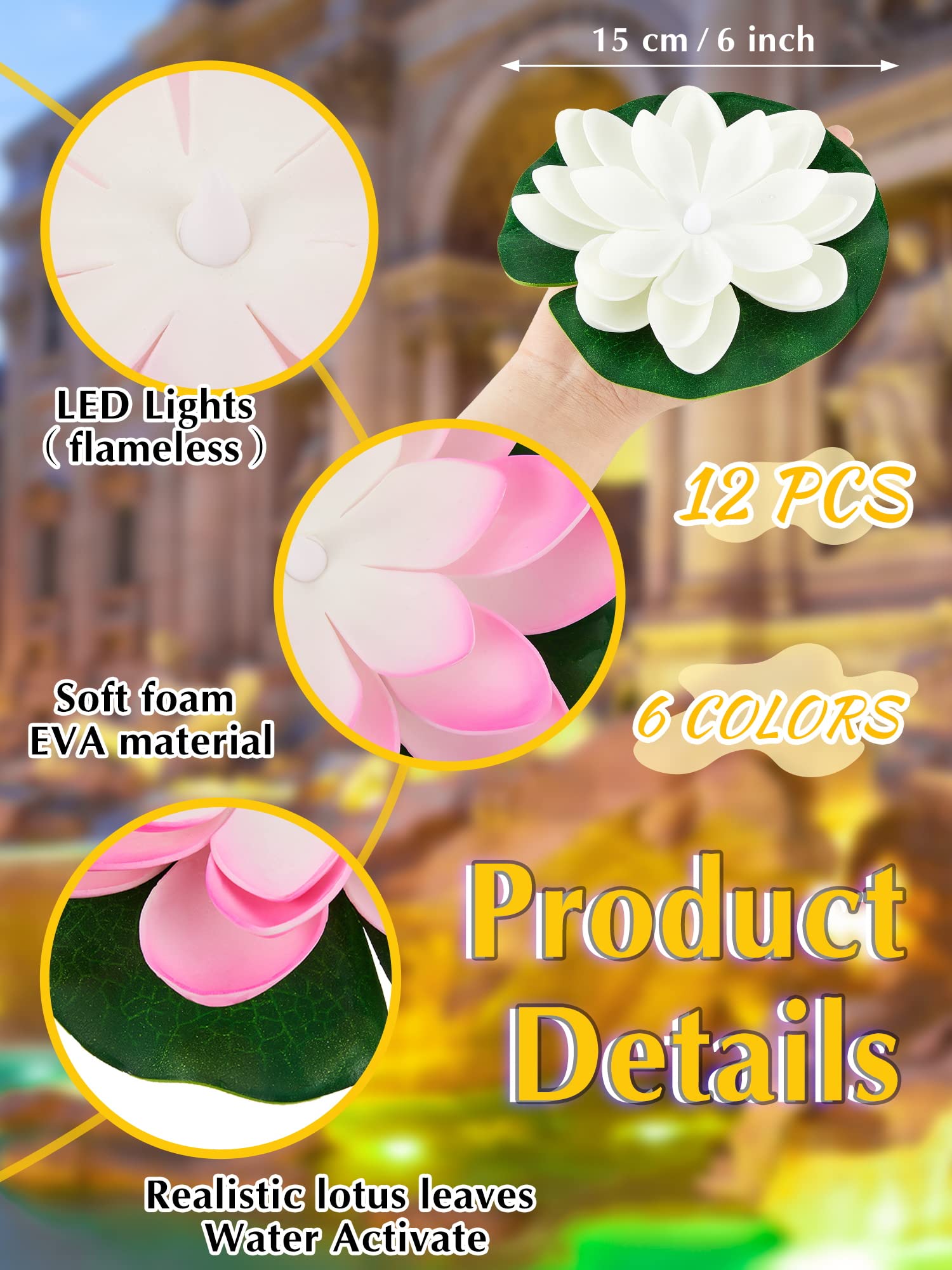 Hortsun 12 Pcs Led Lotus Floating Pool Lights - Multicolor Lily Pad Lanterns, 5.91 Inch