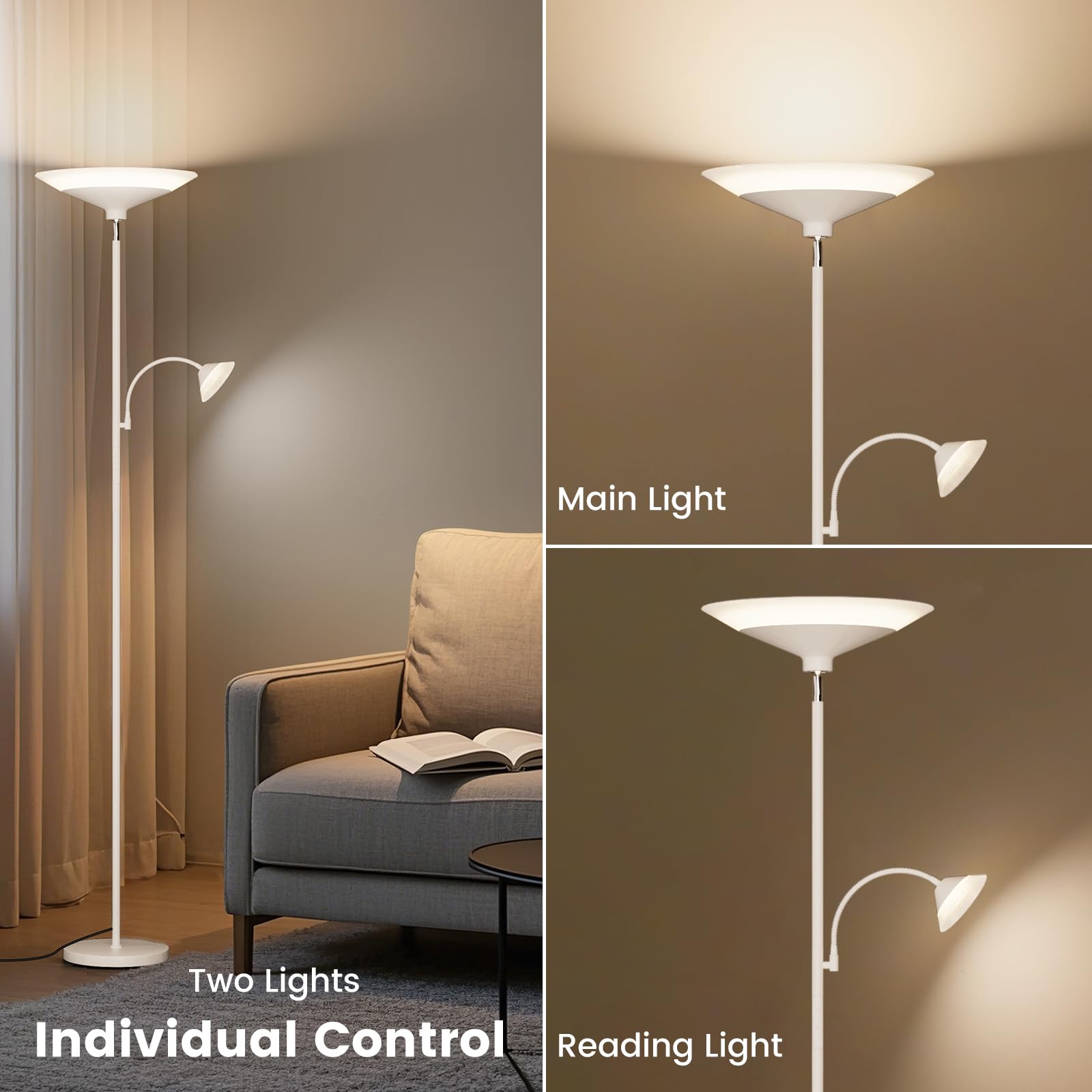 Sibrille Upgraded 2-Light Torchiere Floor Lamp - 34W Color Changing Standing Lamp With Remote, Rotatable Floor Reading Light, Mo