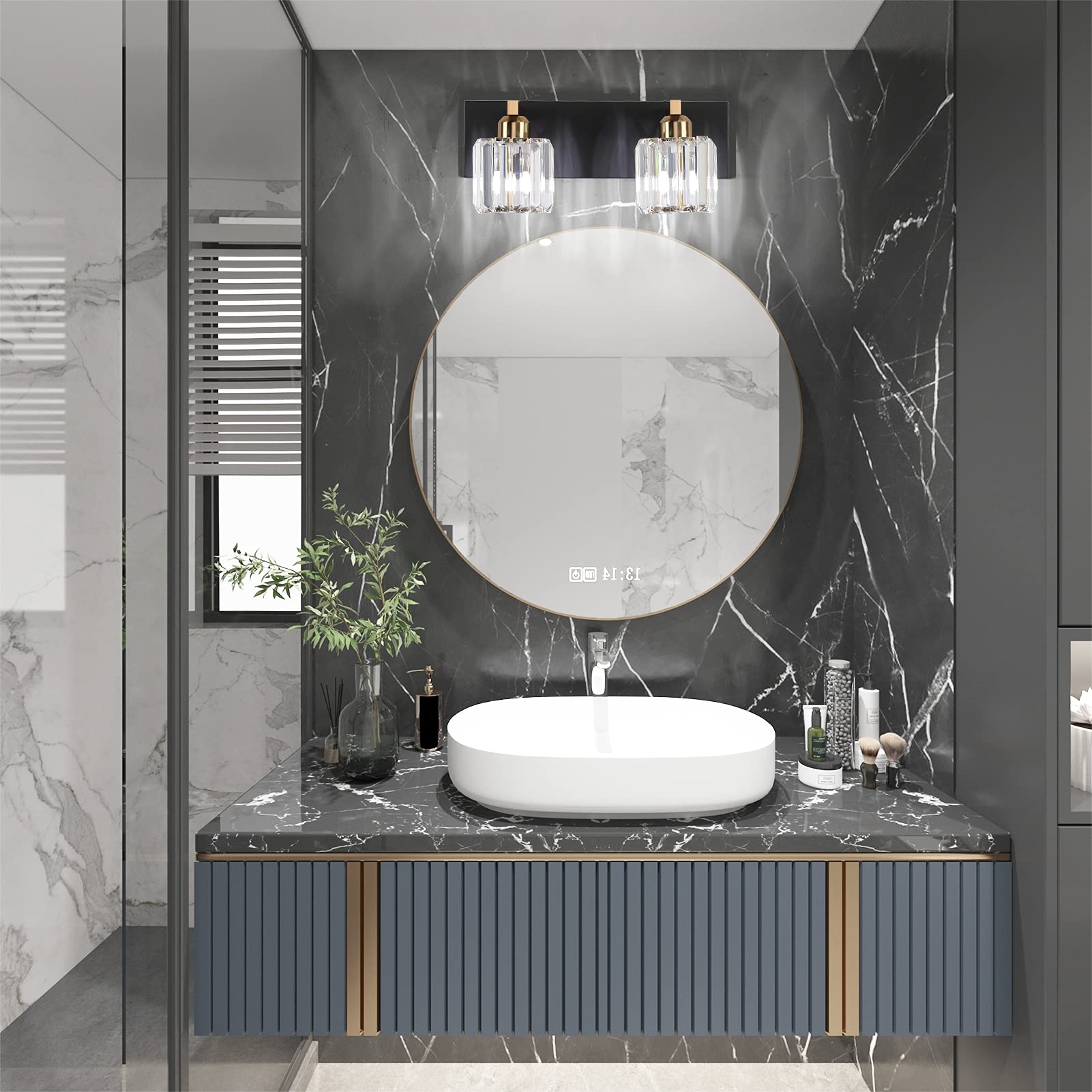 Aipsun Vanity Lighting Fixtures - Matte Black 2-Light Wall Light, 15" Aluminum Crystal Over Mirror, Model 8460