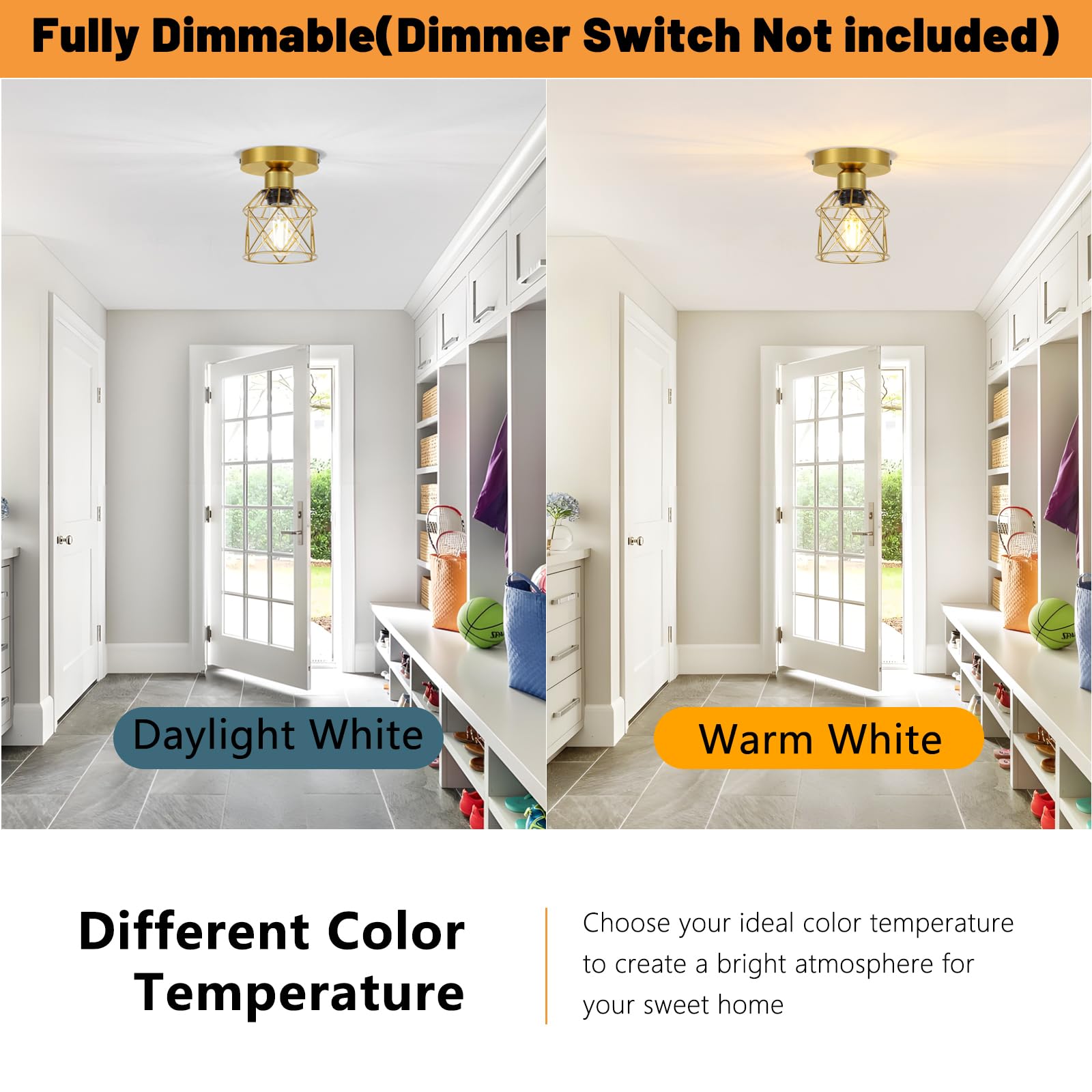 Fadimikoo 2-Pack Gold Hallway Light Fixtures Ceiling  Small Semi Flush Mount Ceiling Light With Gold Metal Cage  Indoor Close To Lighting Lamp For Bedroom Closet Entryway (Led Bulbs Included)