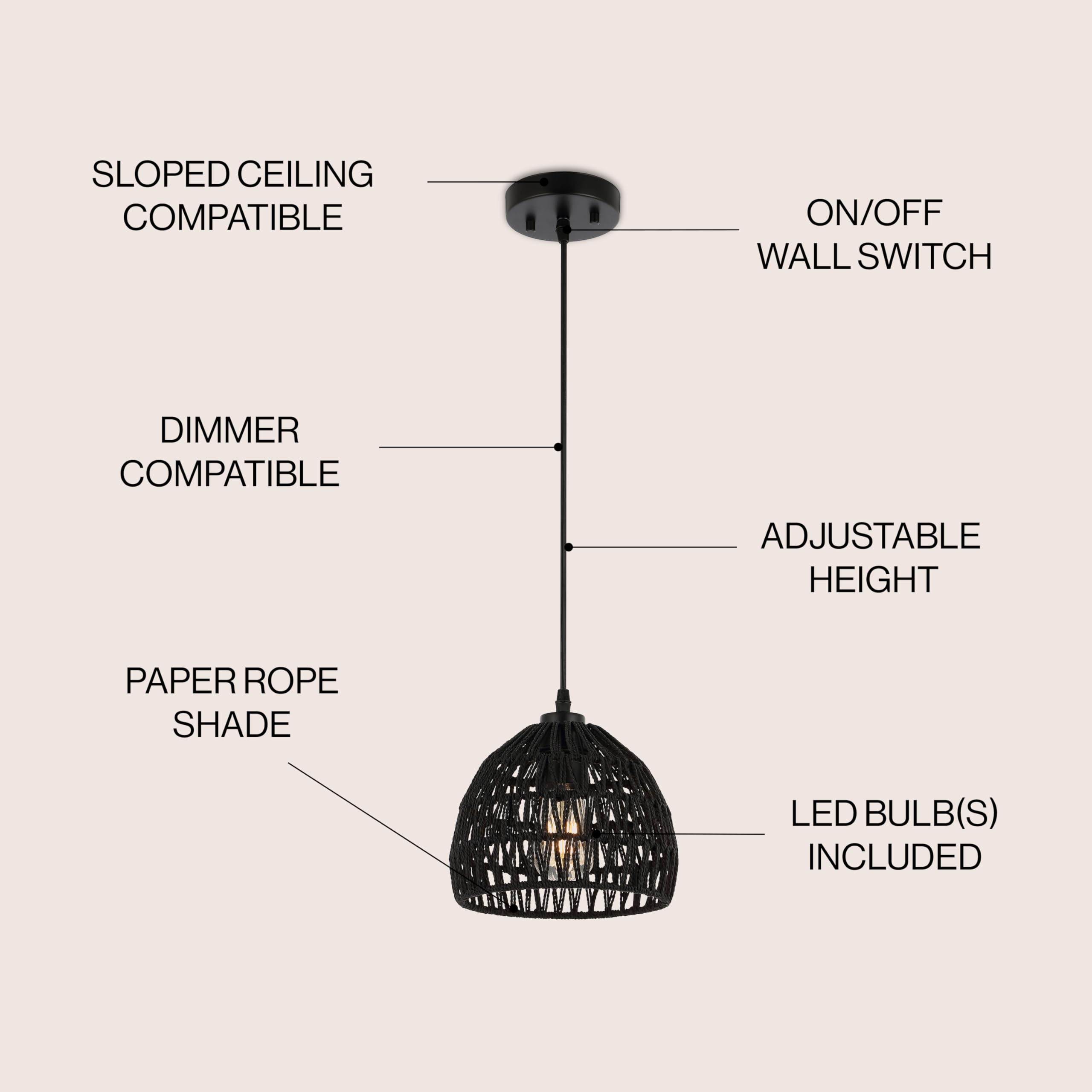 JONATHAN Y JYL6512B 1-Light Bohemian Modern Pendant, 8.25in Woven Rope/Iron, Black
