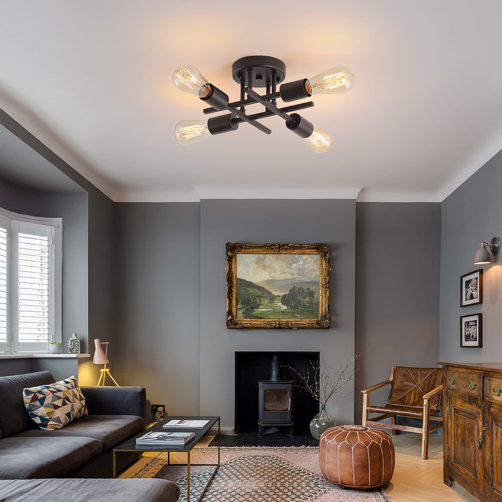 Aihying 4-Light Semi Flush Mount Ceiling Light Fixtures, Black Mid-Century Modern Industrial Farmhouse Metal Chandelier Lighting