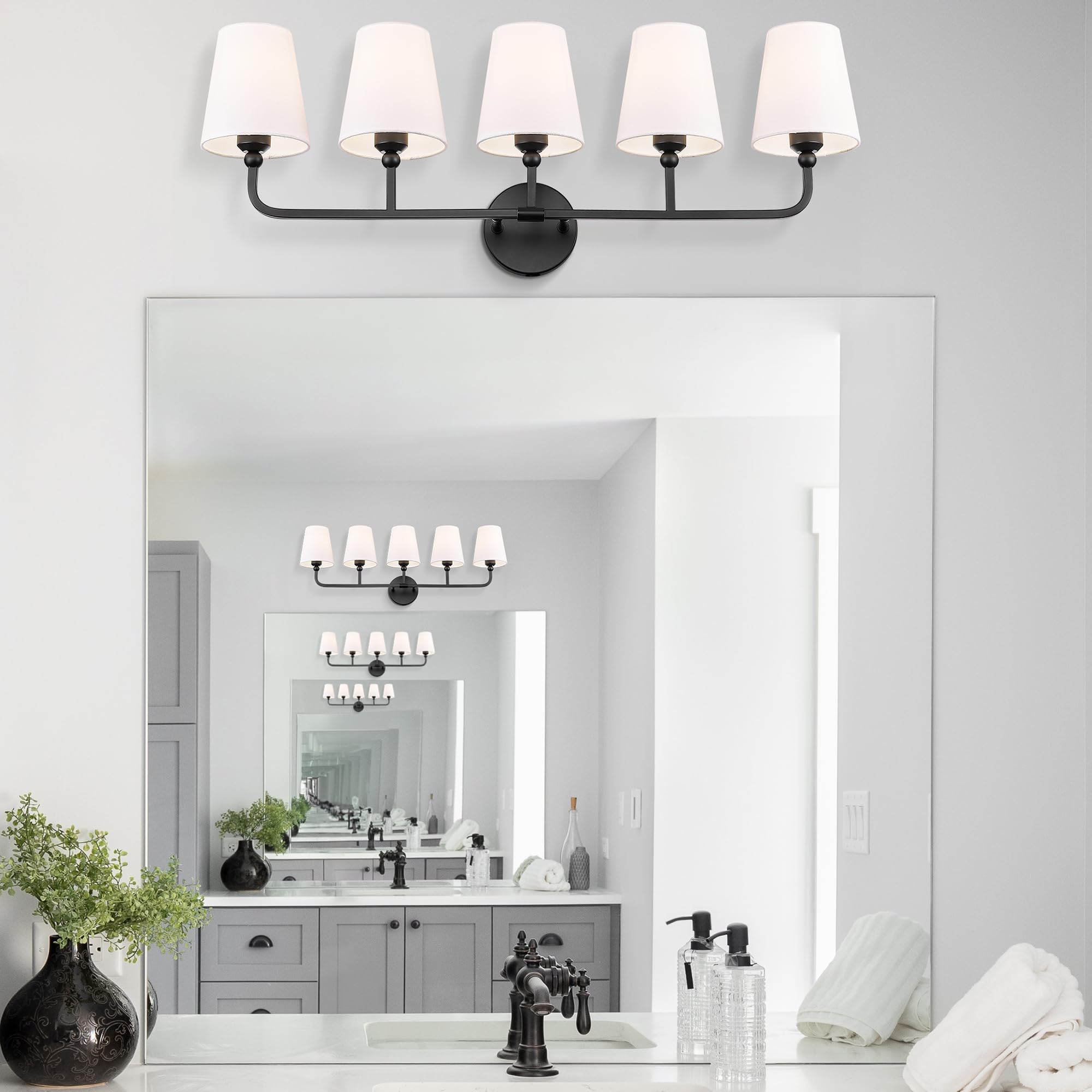Metwet Bathroom Light Fixtures, 5 Light Matte Black Vanity Lights With Flared White Fabric Shade, 35 Inch Wall Sconce, Modern Sc