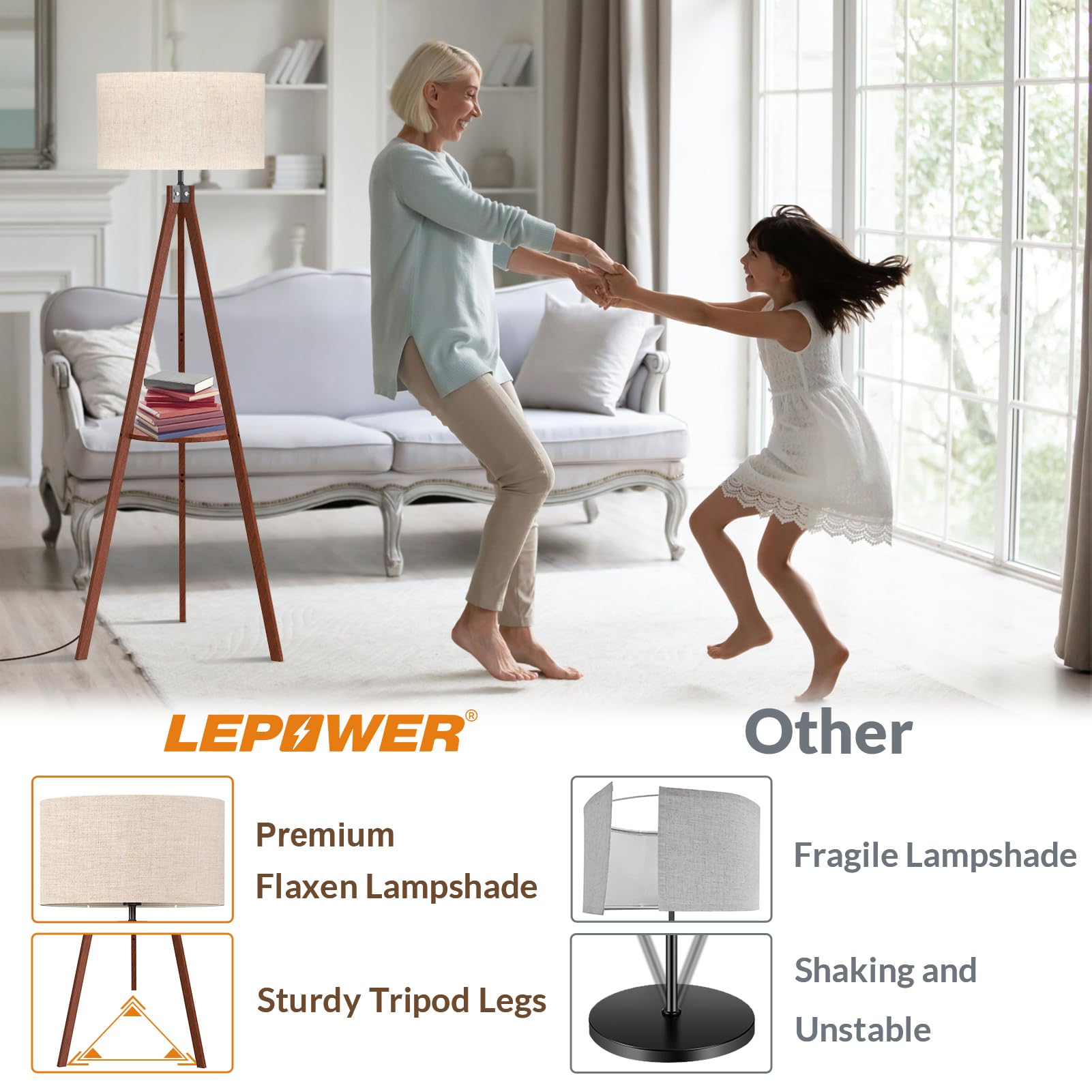 LEPOWER Mid Century Tripod Floor Lamp, Brown Rubber Wood, E26 Base, Modern Design for Living Room, Bedroom, Office