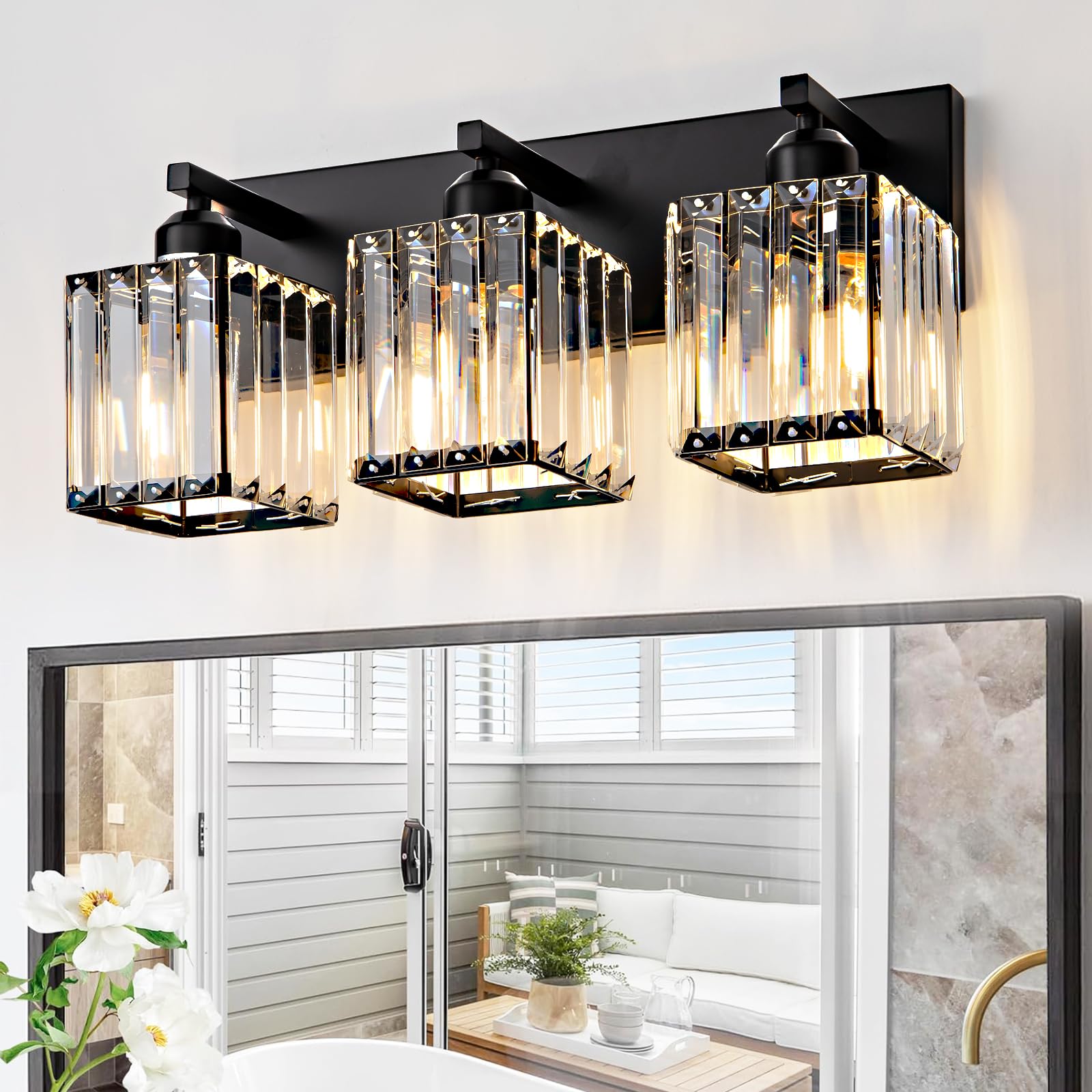 Aixialin Black Bathroom Vanity Light, 3-Light Crystal Wall Fixture, Metal, Model 600-100-1011