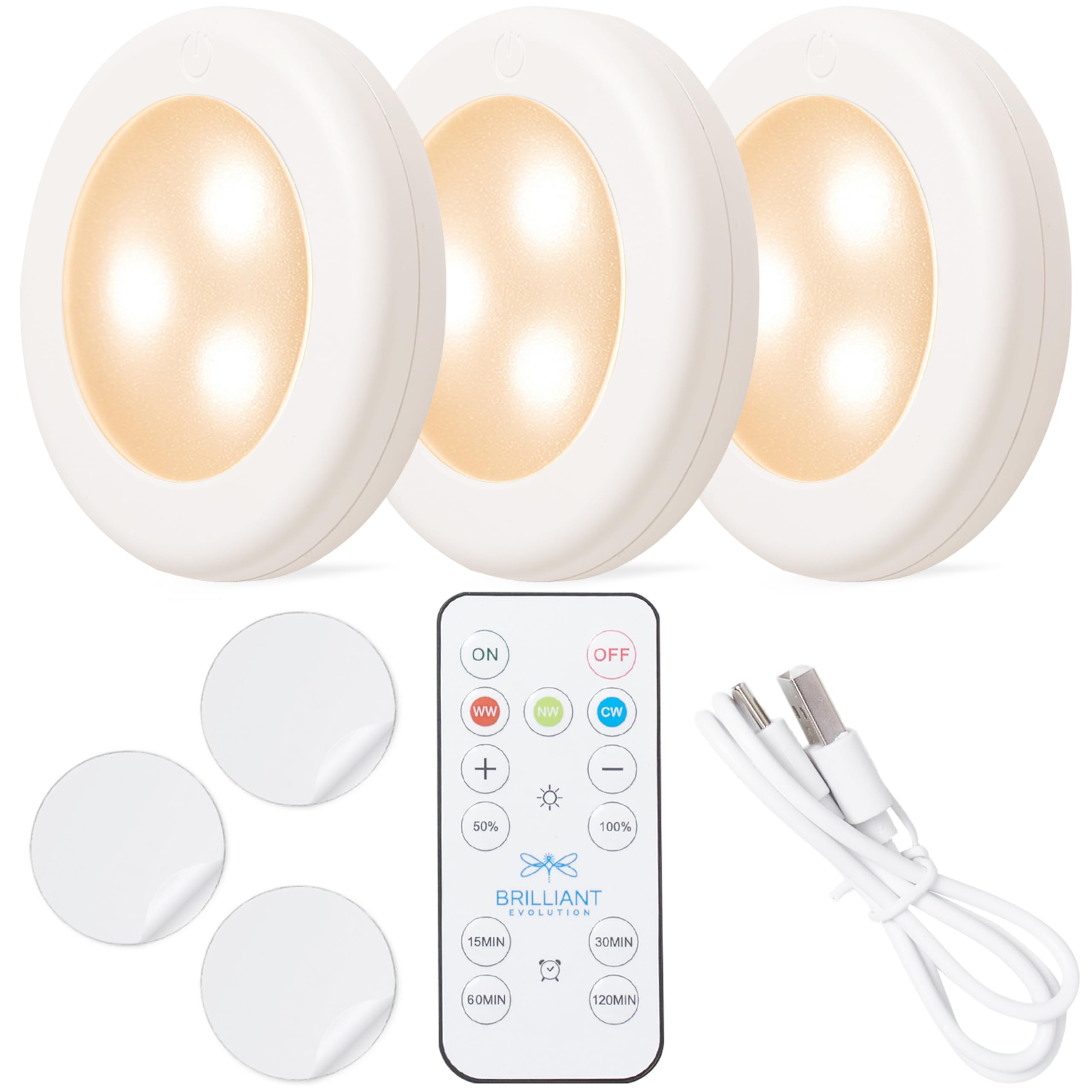 Brilliant Evolution Rechargeable Puck Lights - Dimmable LED - 3000K/6000K - Pack of 3 - White - Model P-BEv-RchPuk-3pk