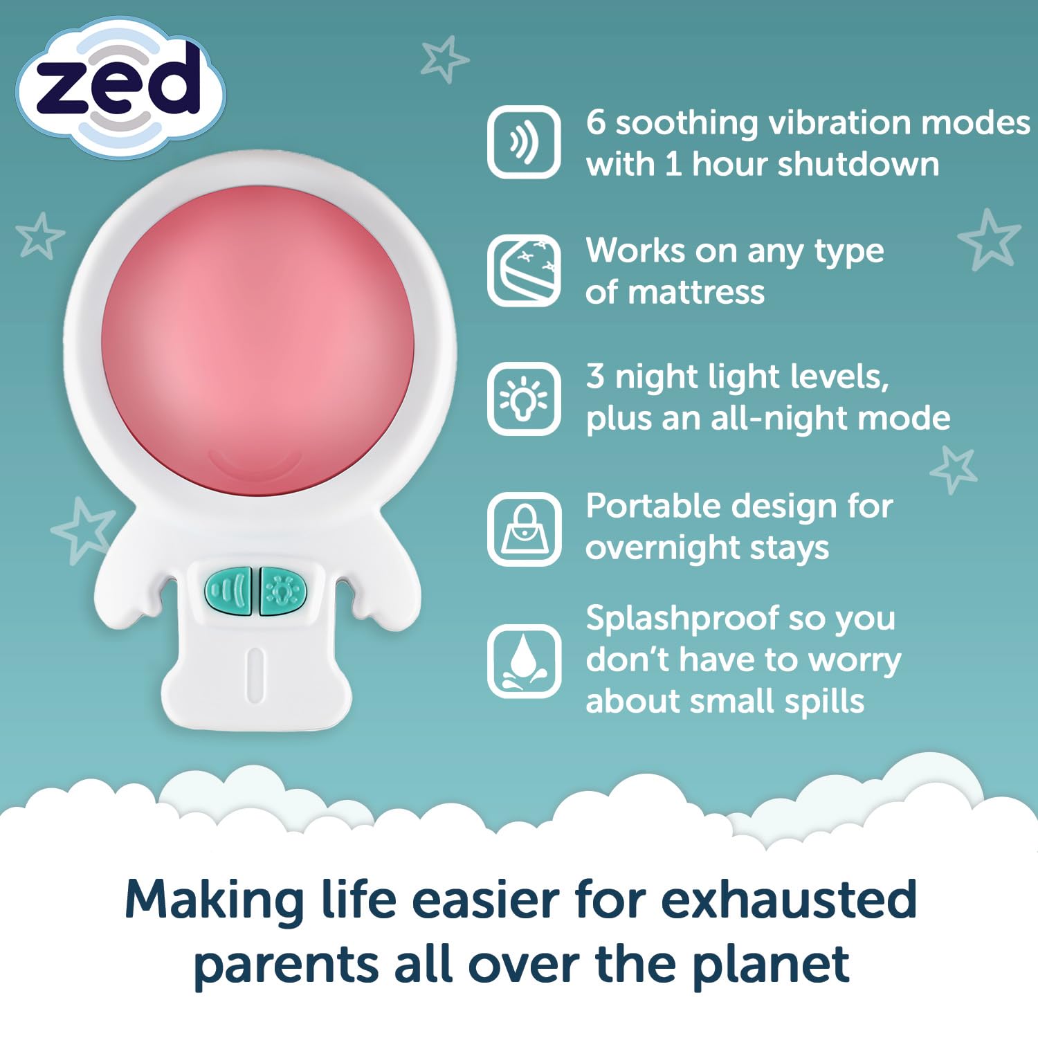 Zed By Rockit. Baby Sleep Aid With Calming Vibrations And Night Light For Cots, Cribs And Beds. Vibrates Through Any Mattress To Get Babies To Sleep, Just Like The Car. Portable Night Light.