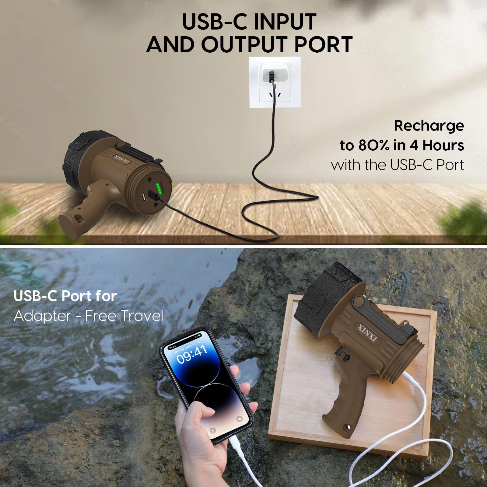 XINXI Rechargeable Spotlight Flashlight 1000000 Lumens IP67 Waterproof 4 Light Modes Model X-006BR Brown