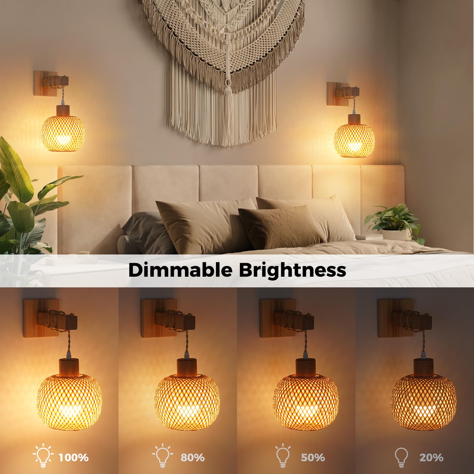 Glitnous Wall Sconces Set of Two, Battery Operated Rattan Lanterns, Wireless Light for Bedroom, Wood-Brown Rattan, Model BLA01245901