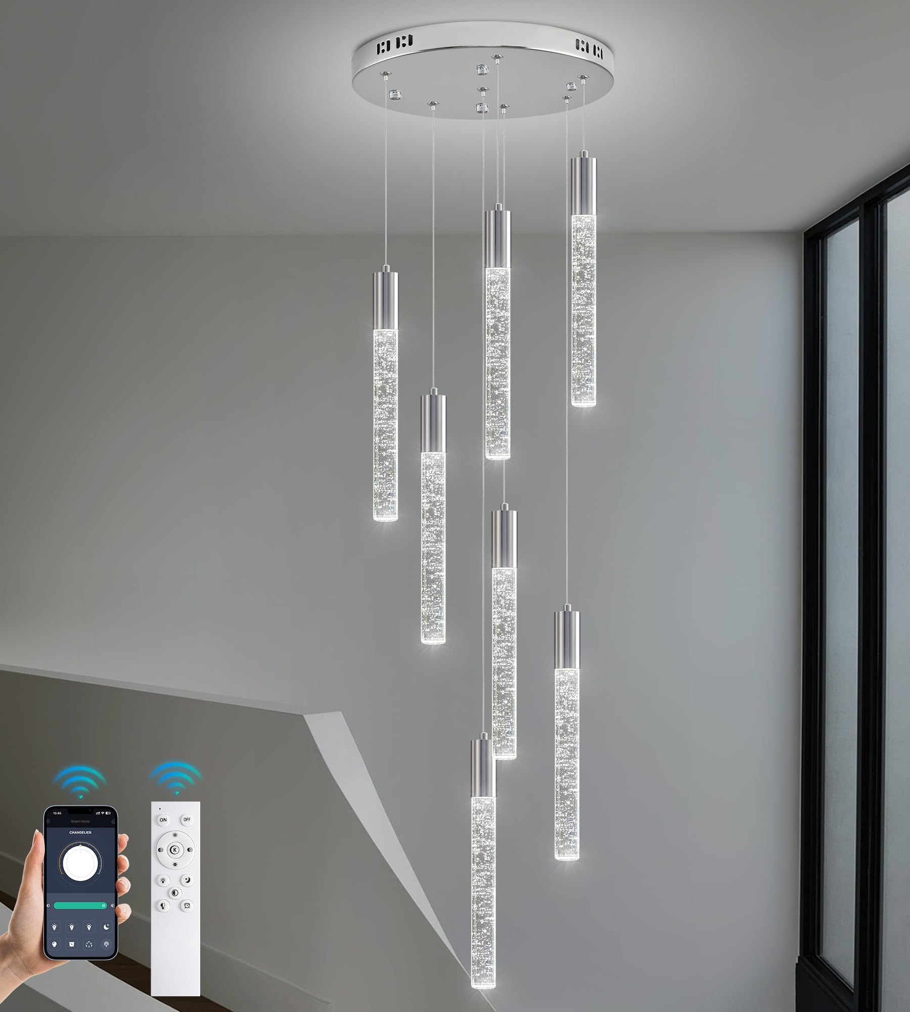 Upfelw Modern High Ceiling Crystal Chandelier 7-Lights  Spiral LED Raindrop Foyer Pendant Lighting  Bubble Staircase Living Room Hanging Light Fixture Flush Mount Chrome