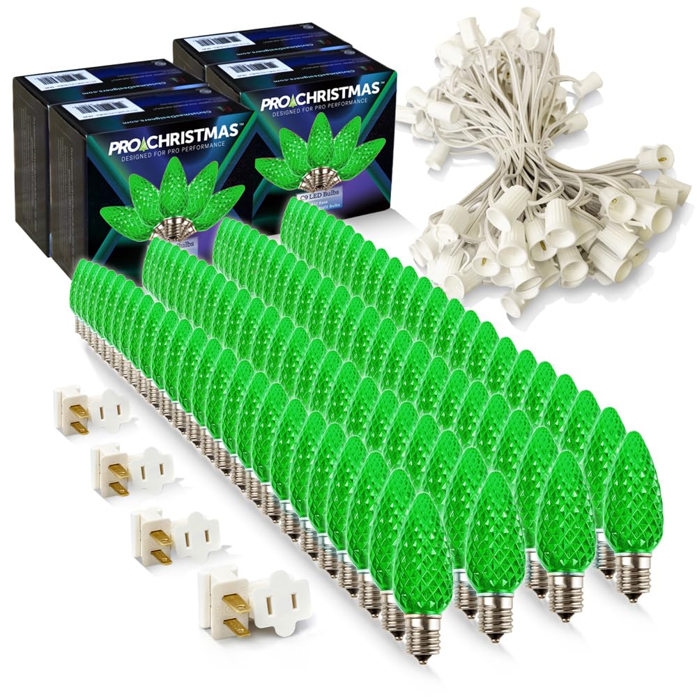 Pro Christmas C9 LED Christmas Light Kit for Rooflines & Pathways - DIY Cut to Length  Outdoor Commercial Grade (White Wire w/Vampire Plugs  100 Bulbs  100 ft) Green
