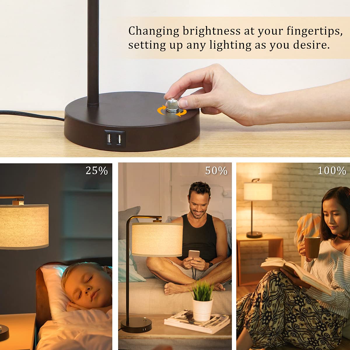 Table Lamps Set Of 2, Fully Dimmable Bedside Lamp With Dual Usb Charging Ports, Modern Nightstand Lamps With Linen Fabric Shades