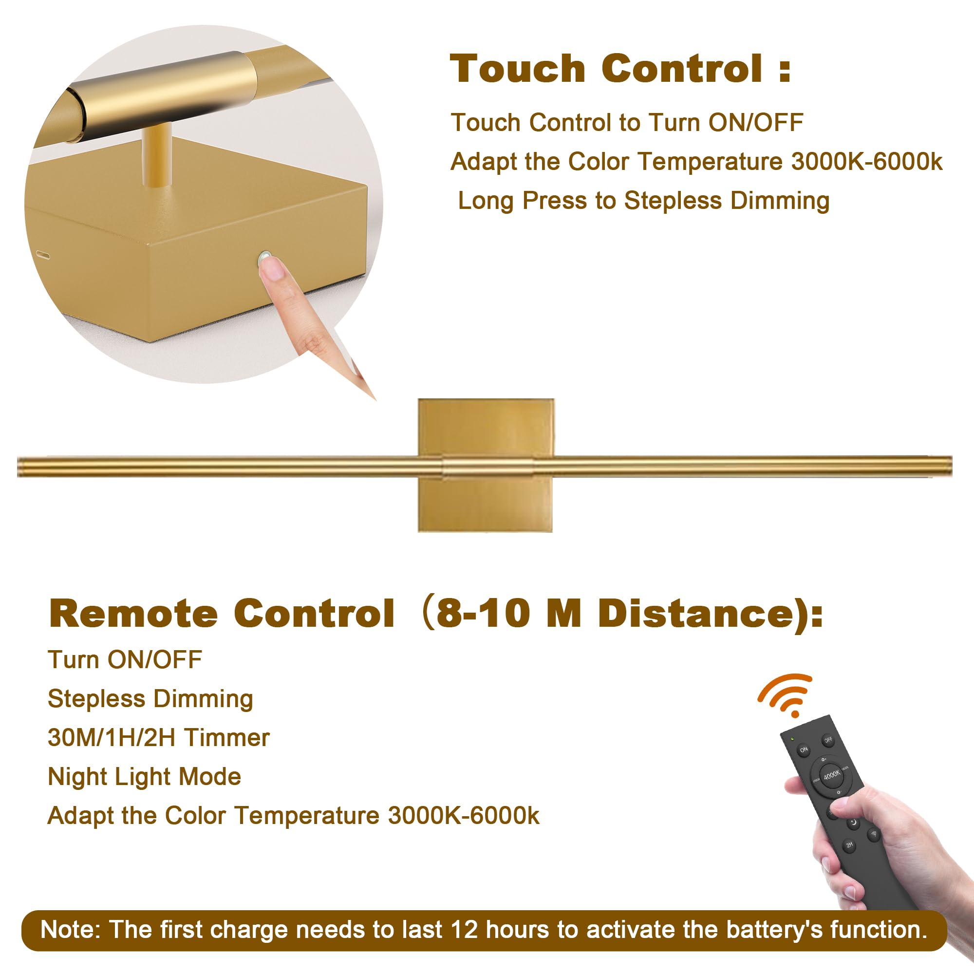 Gift4U Battery Operated Wall Sconce Set of Two, 31.5 Inch, 8000mAh USB Rechargeable, 360° Dimmable LED, Gold