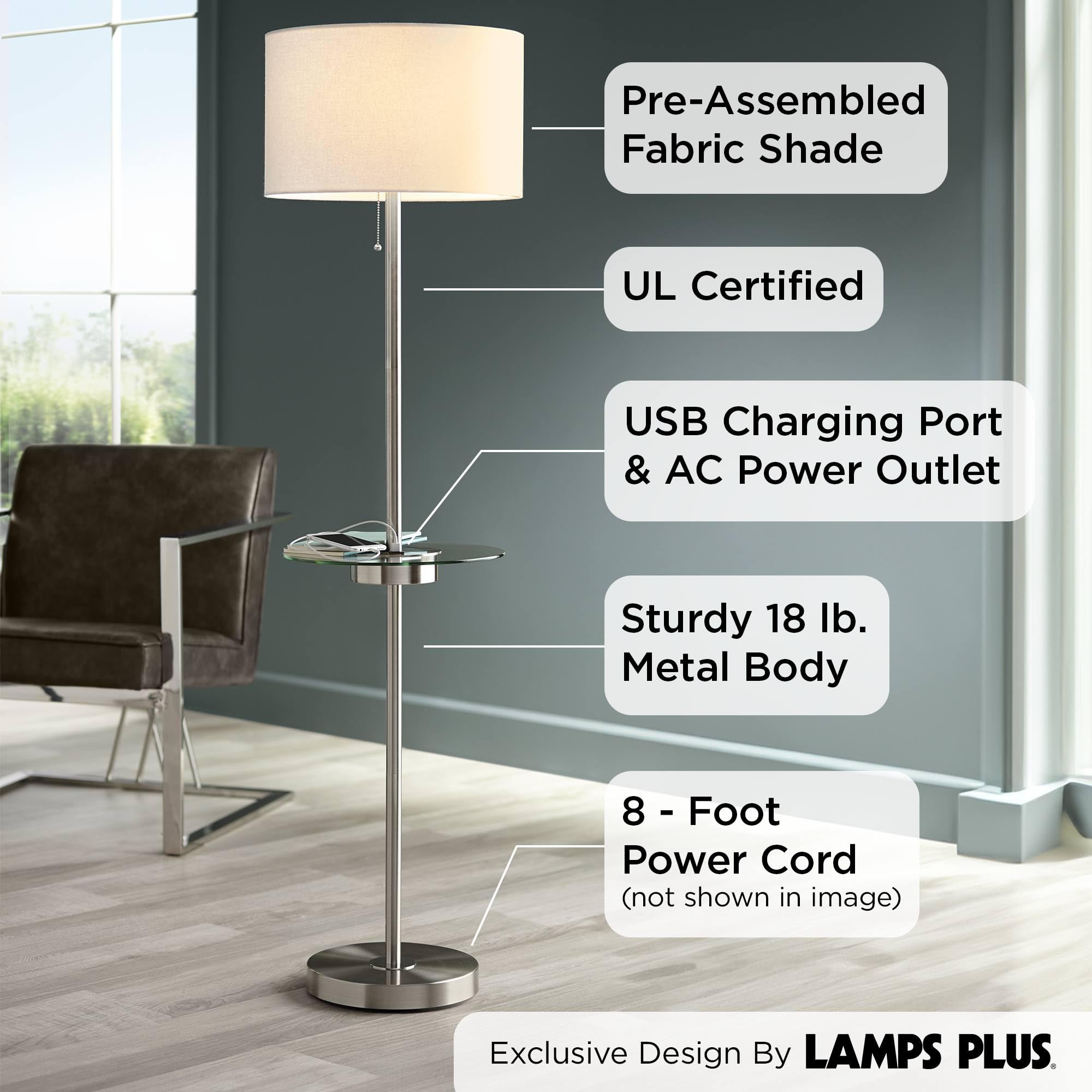360 Lighting Caper Modern Floor Lamp With Tray Usb And Ac Power Outlet On Table Glass 60.5'' Tall Satin Nickel White Fabric Drum
