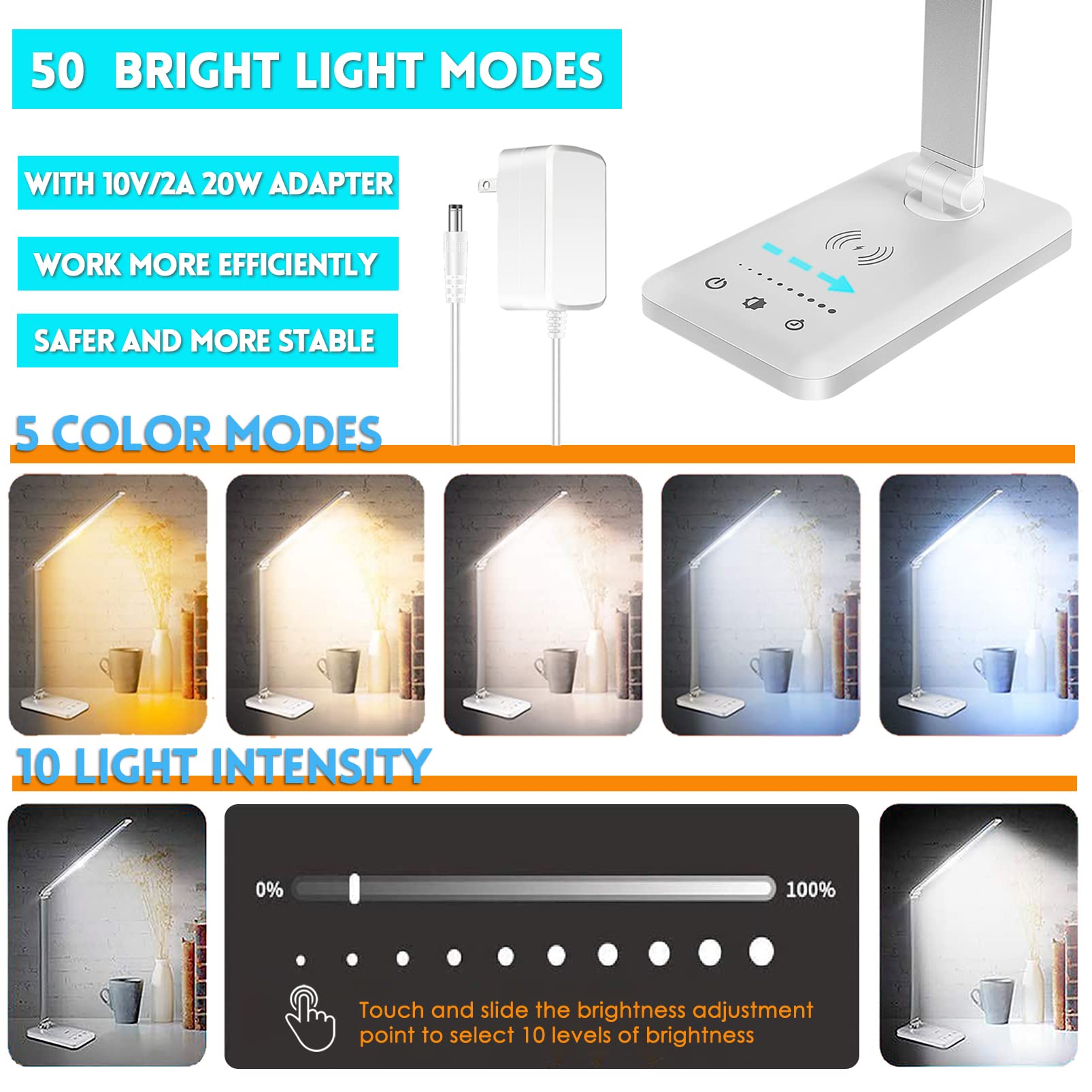 Jostic Led Desk Lamp With Wireless Charger, Usb Charging Port, Desk Light With 10 Brightness, 5 Color Modes, Dimmable Eye Caring