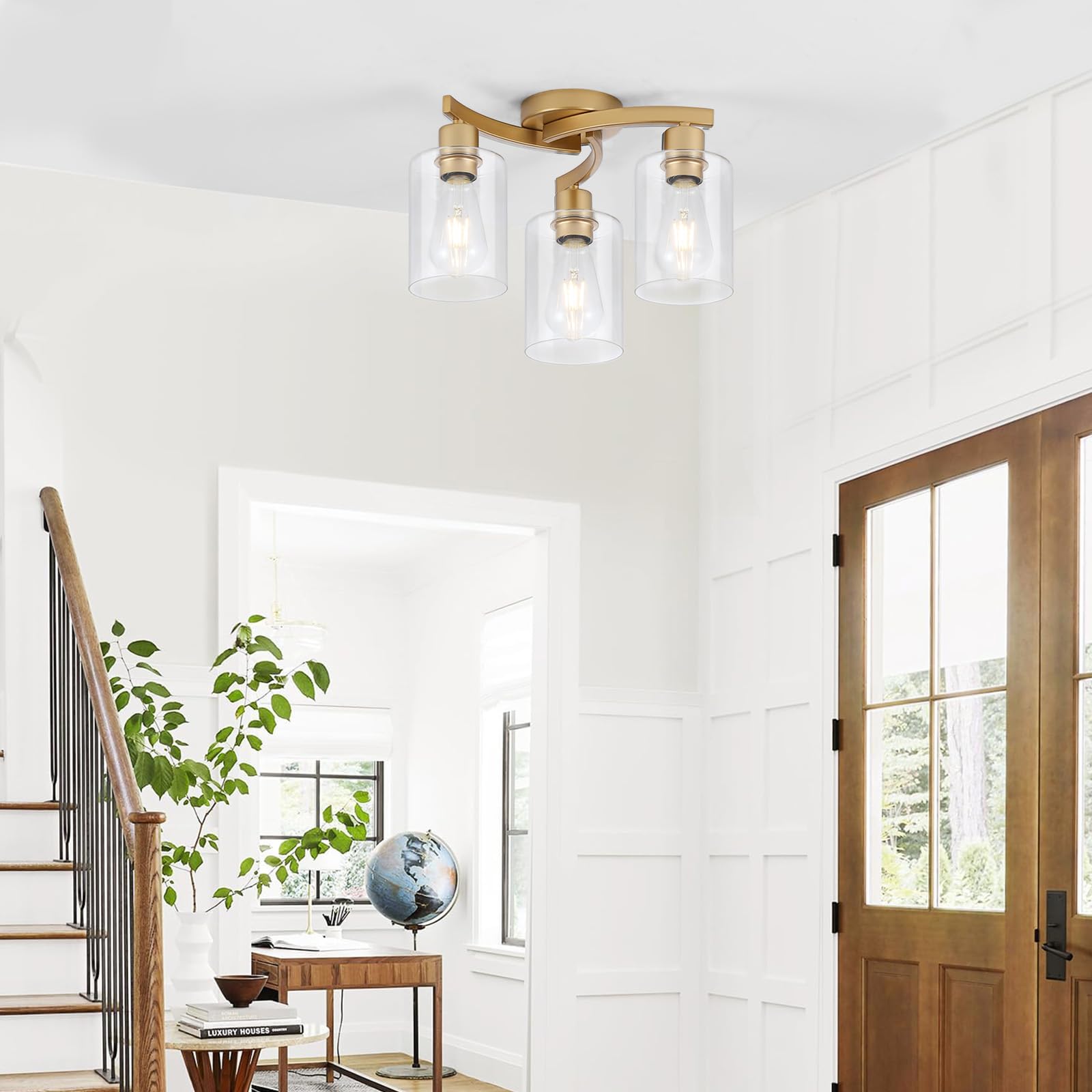 3Wwwuee 3-Light Semi Flush Mount Ceiling Light, Modern Close To Ceiling Light Fixtures With Clear Glass Shades, Gold Light Fixtu