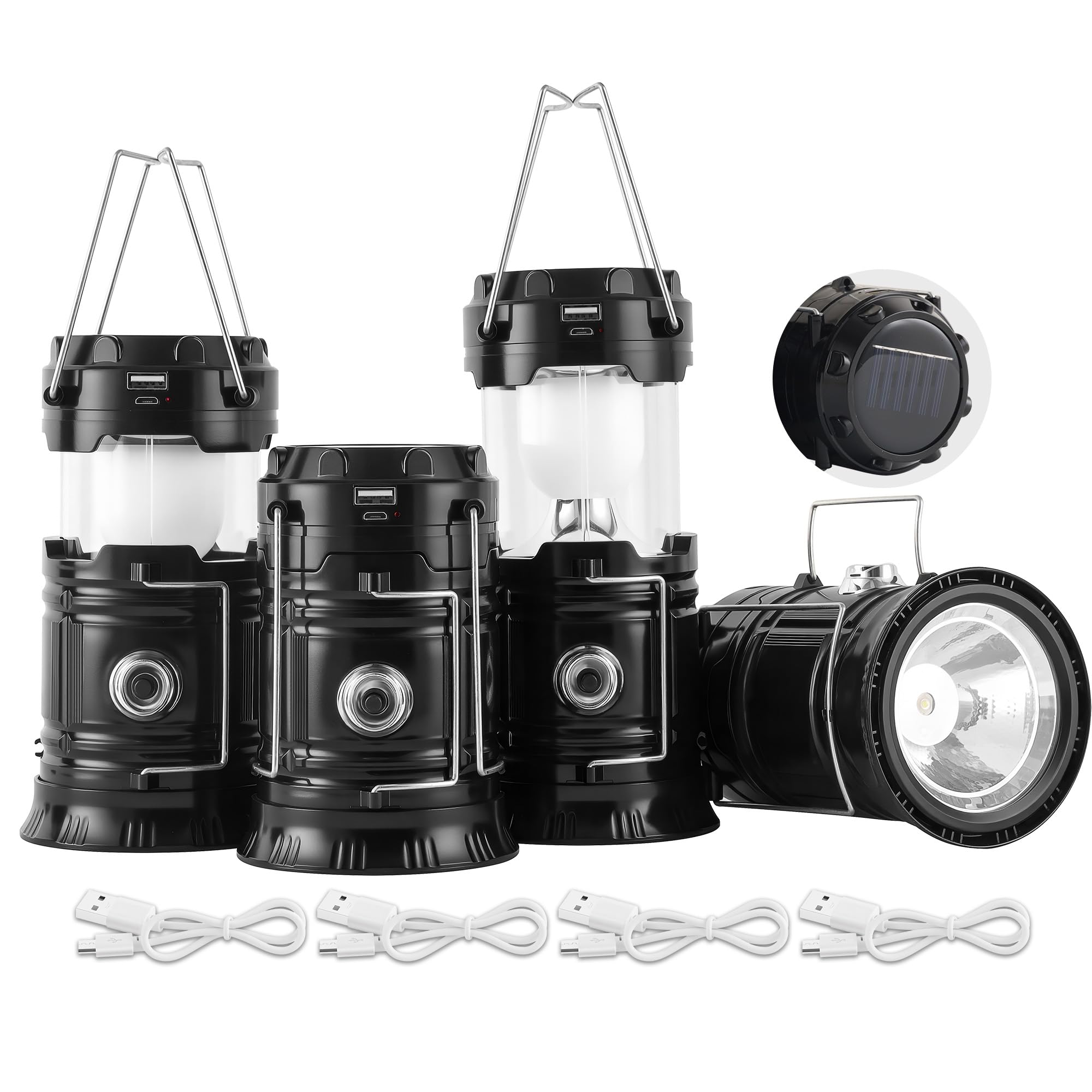 Lichamp Collapsible Solar Camping Lantern, USB Rechargeable LED Flashlight, 4-Pack, Black, Model CLS-L004BK