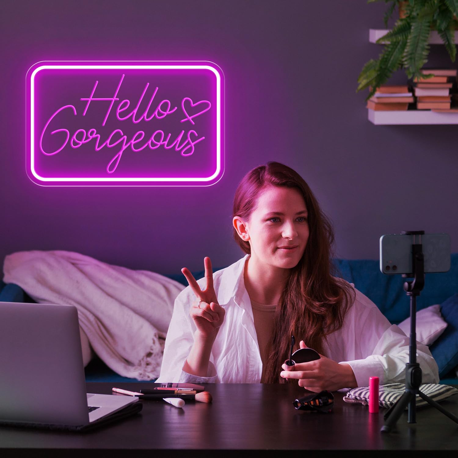 PSPCBS Neon Sign - Hello Gorgeous LED Wall Decor, 16x10 inches, Pink Acrylic, USB Powered, Adjustable Brightness