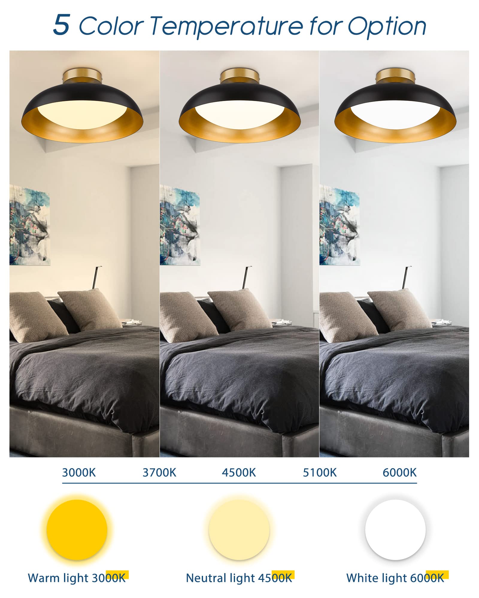 Kudos Flush Mount Ceiling Light, 16-Inch Led Ceiling Light Fixture, Black And Gold Finish, 24W 2400Lm Light Fixtures For Living Room, Kitchen, Bedroom, Hallway, 5Cct Adjustable, Kdcl02-Bk