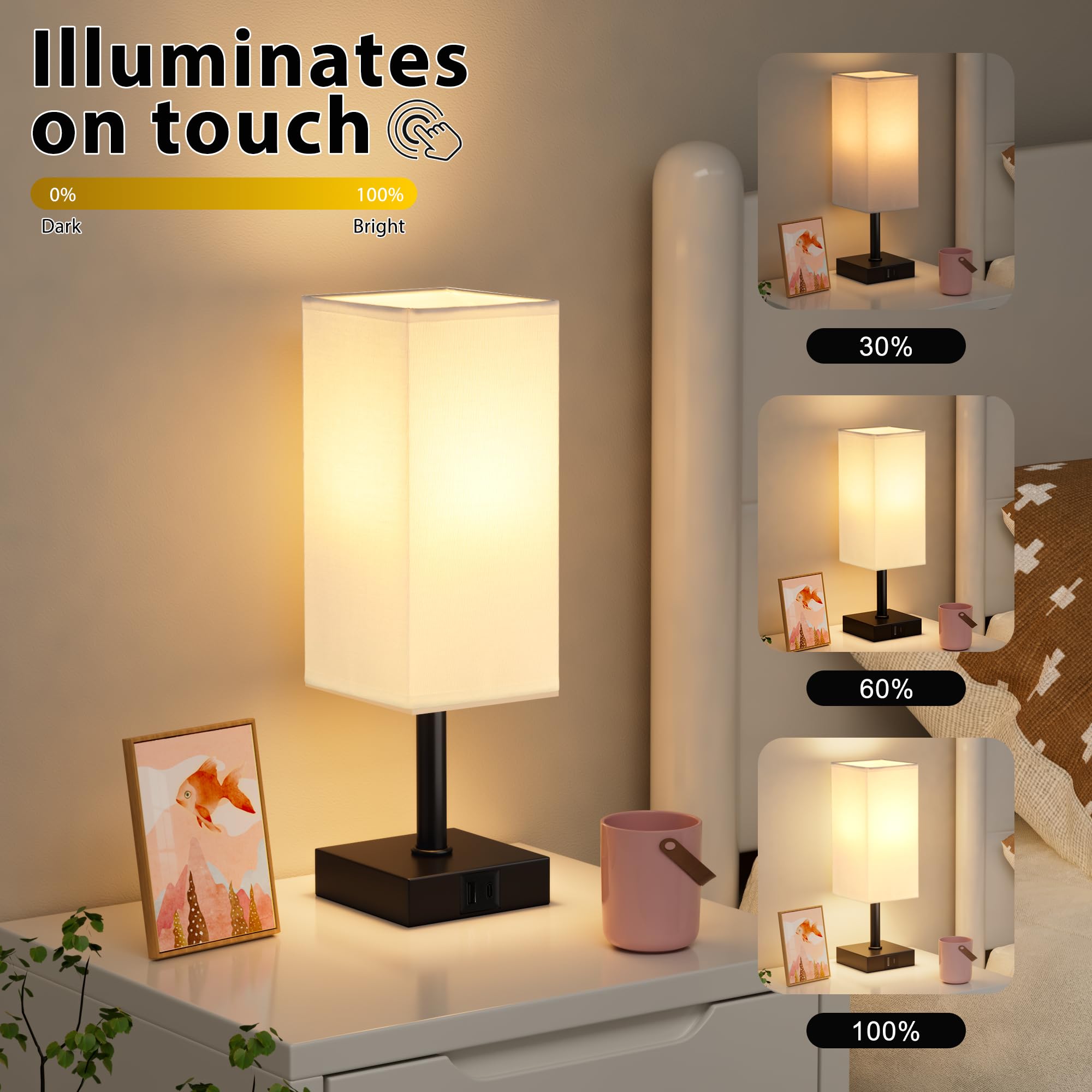 Ambimall Touch Control Table Lamp with USB A+C Ports, 13 inches, White Shade & Black Base, LED Bulb Included, Model RPT-fang1-7