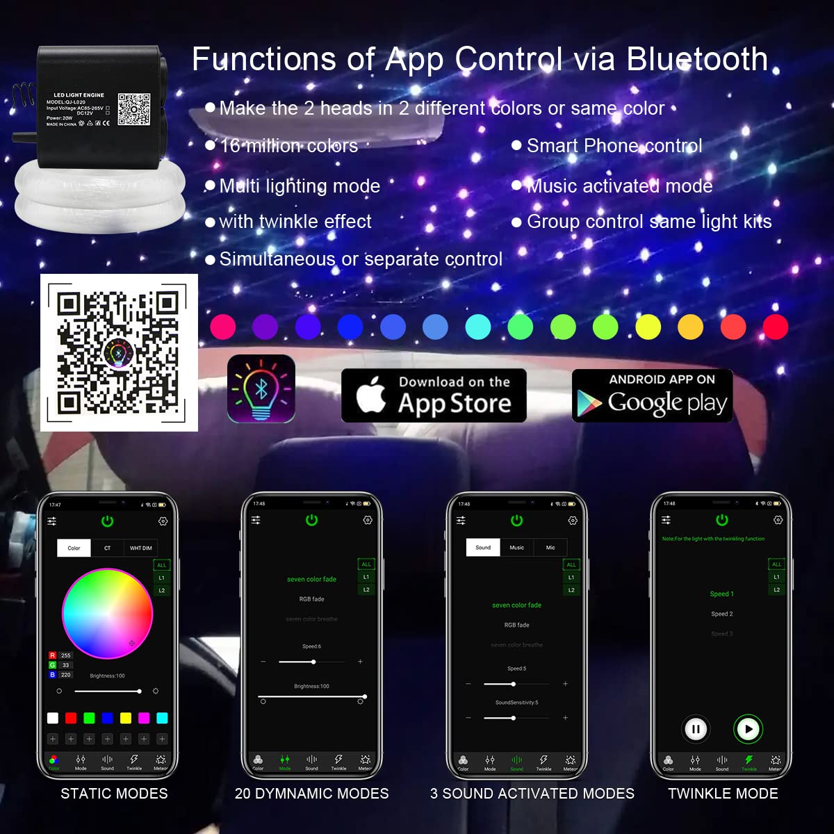 AKEPO Fiber Optic Lights Kit, 20W Dual-Head RGBW, Sound Activated, 1100pcs 0.03in Strands, 13.1ft, Model QJ