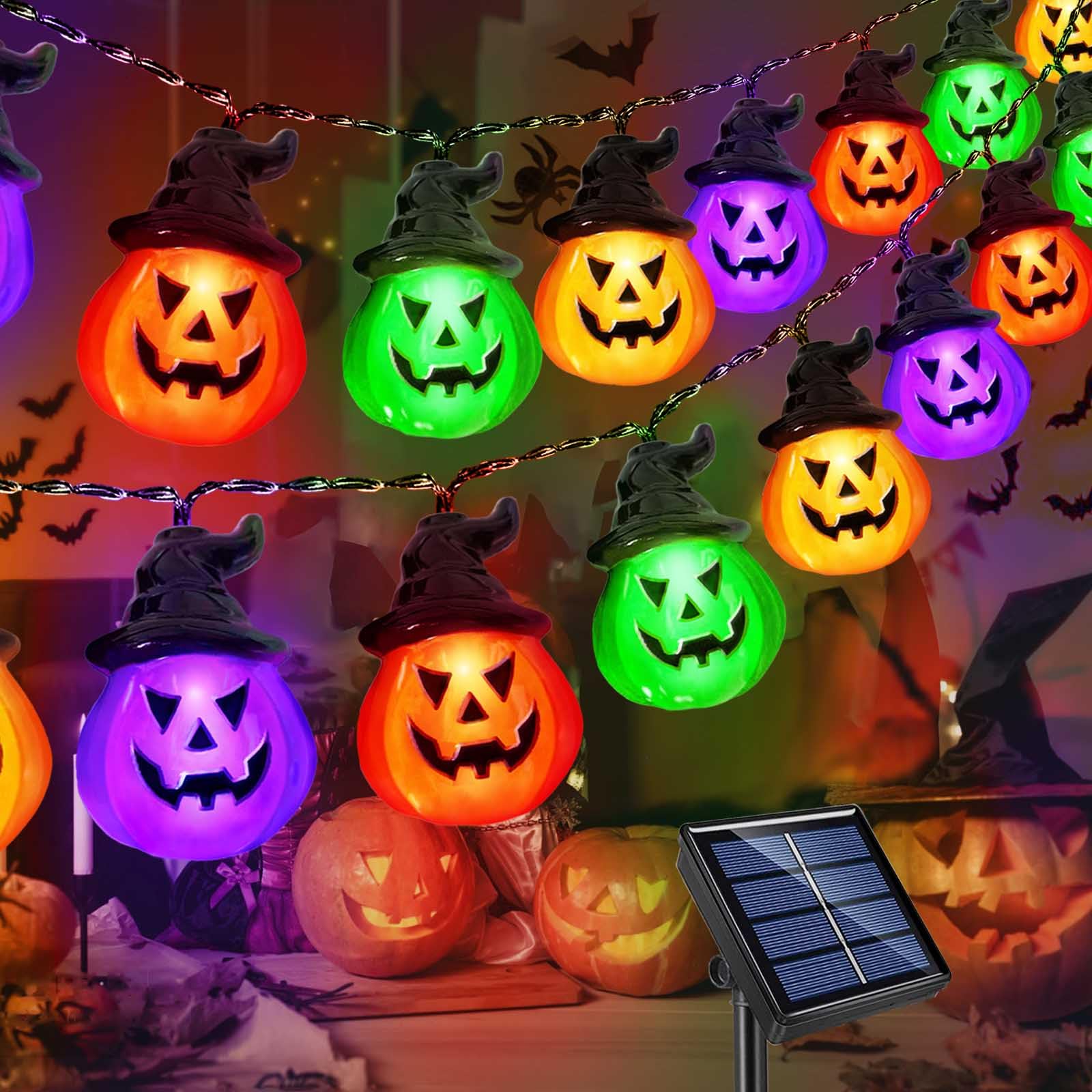 Windpnn Solar Halloween Lights, 30LED 16ft Waterproof Multicolor Pumpkin String Lights, Model SMT110