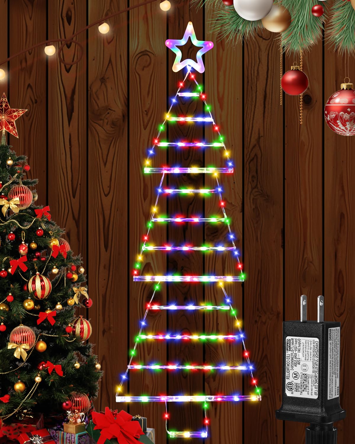 LED Christmas Lights Outdoor,4.6ft 189 LED Christmas Tree Ladder Lights with Star Topper 8 Modes Christmas Decorations Lights for Indoor Outdoor, Window, Garden, Home, Wall, Xmas Tree Decor-Multicolor