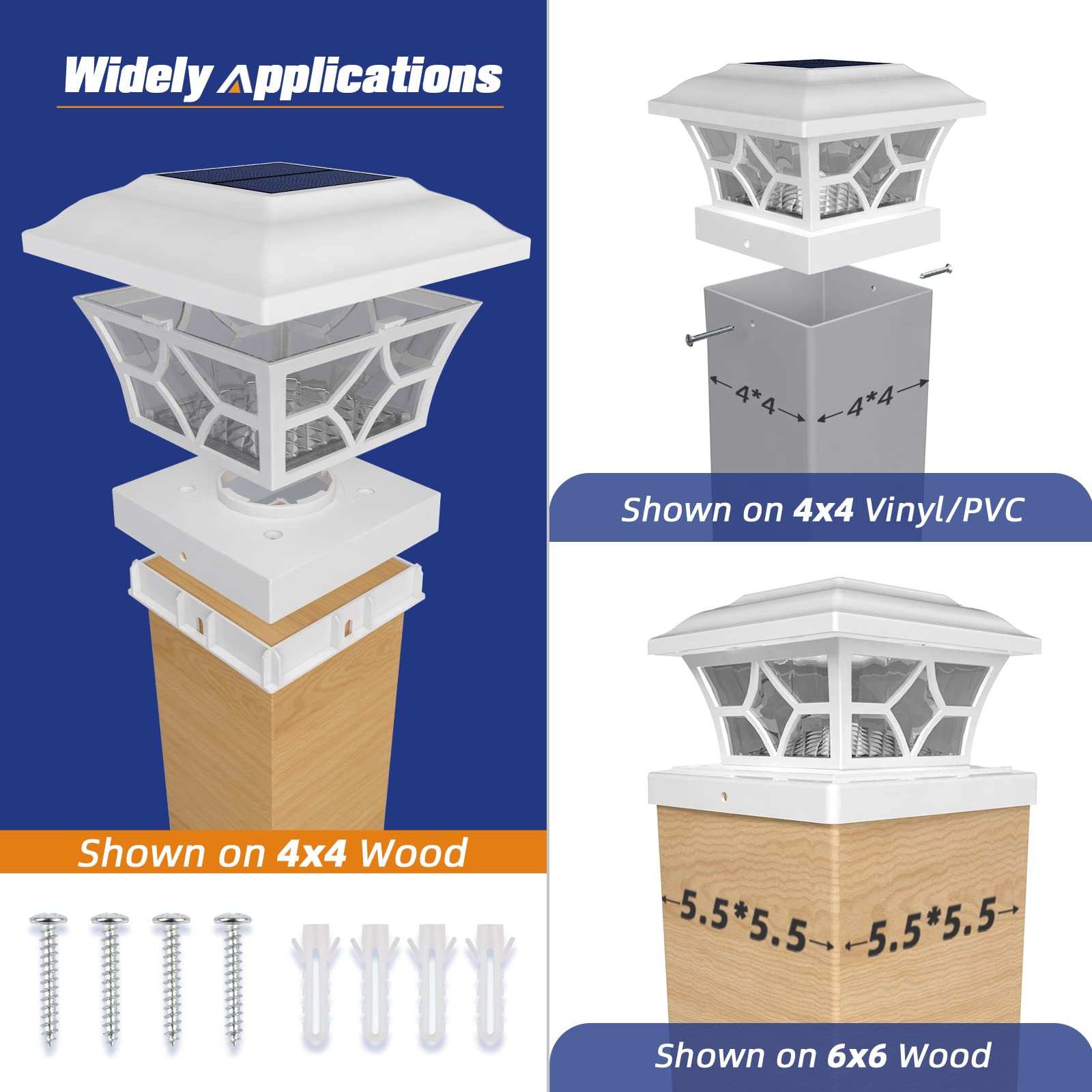APONUO Solar Fence Post Caps Lights, 4x4 & 5x5 Vinyl, Waterproof, 2 Modes, White, 8 Pack, Model M002-W8