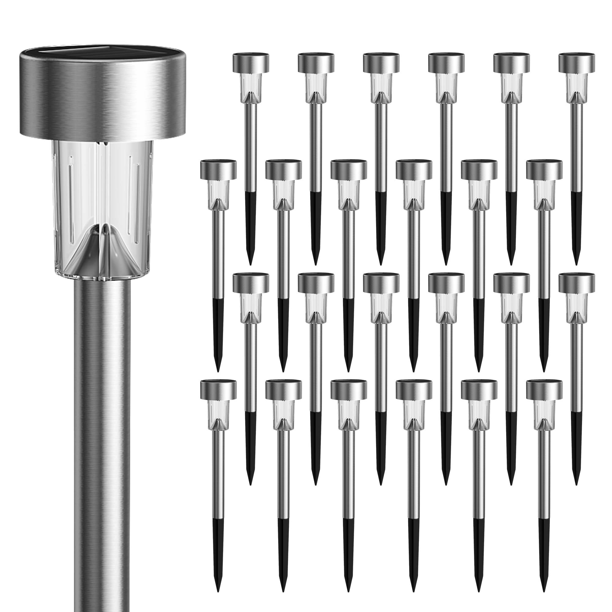 GIGALUMI Solar Path Lights 24 Pack, Waterproof Stainless Steel LED, Cold White