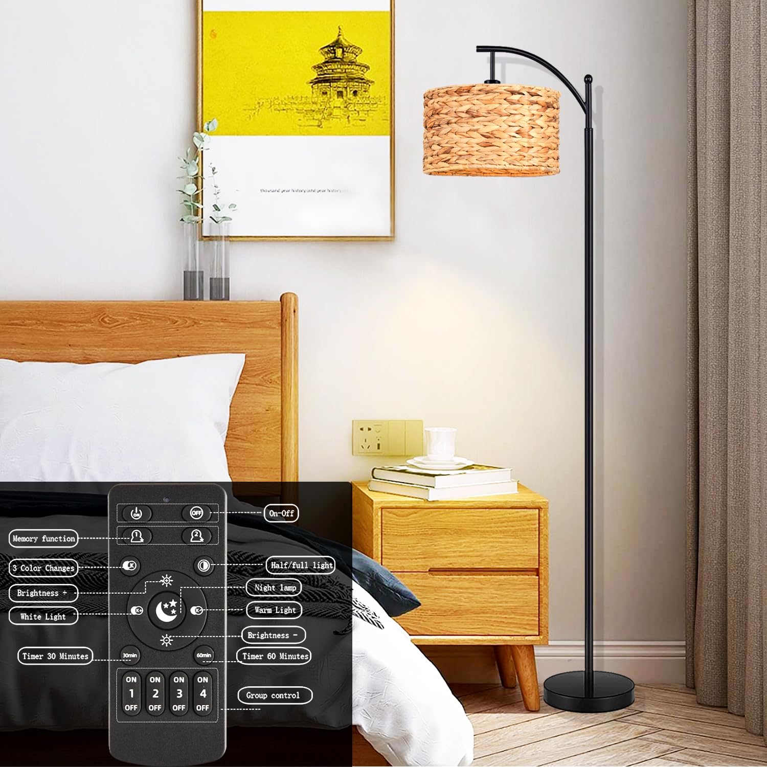 Qiyizm Floor Lamp For Living Room Bedroom With Remote Boho Rattan Standing Lamp Dimmable Black Farmhouse Wicker Bamboo Lamp Shad