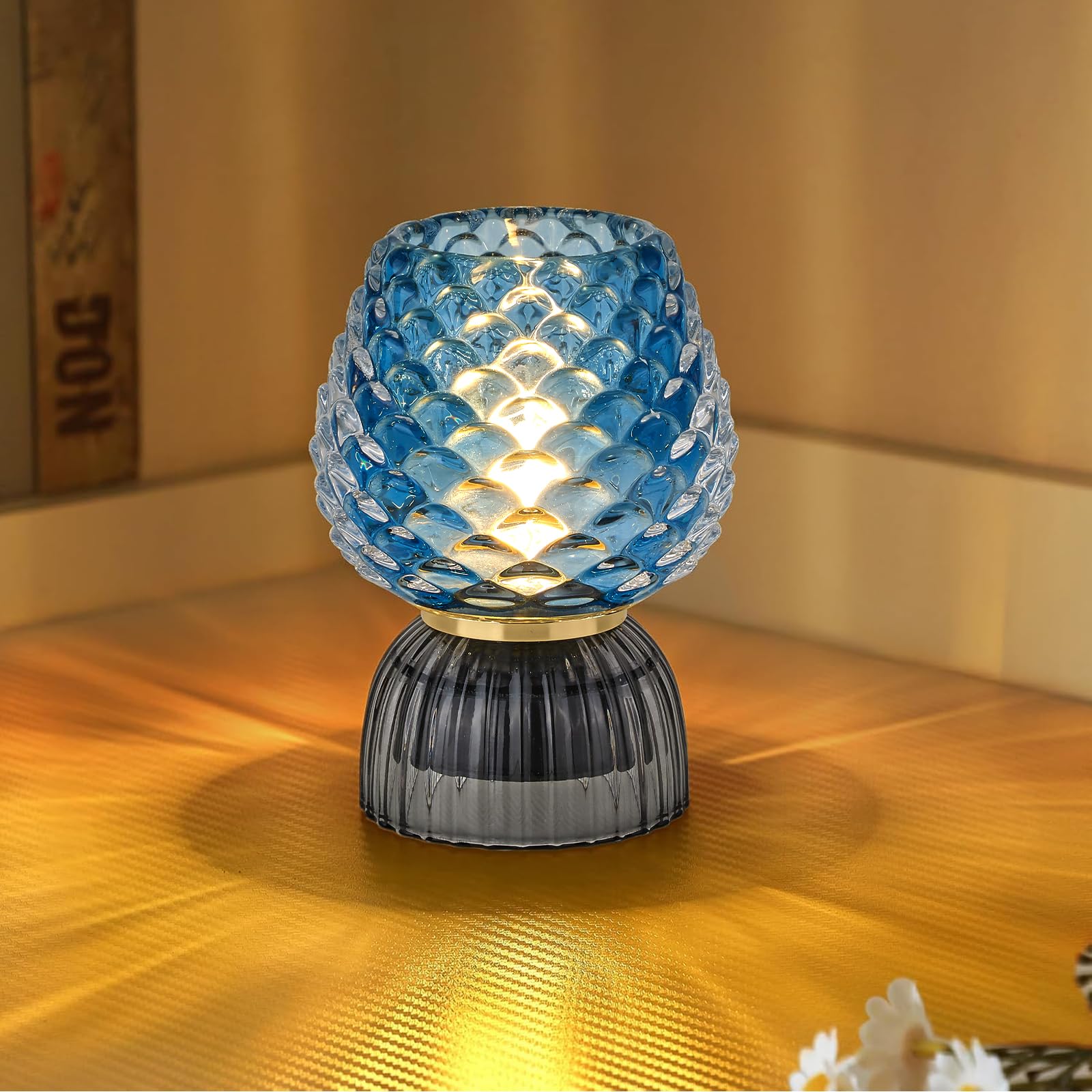 SisiHokai Battery Operated Lamp with Timer  Cute Small Cordless Glass Table Lamp for Home Decor  Kitchen  Bathroom  Birthday Gift for Women  Pinecone  Blue