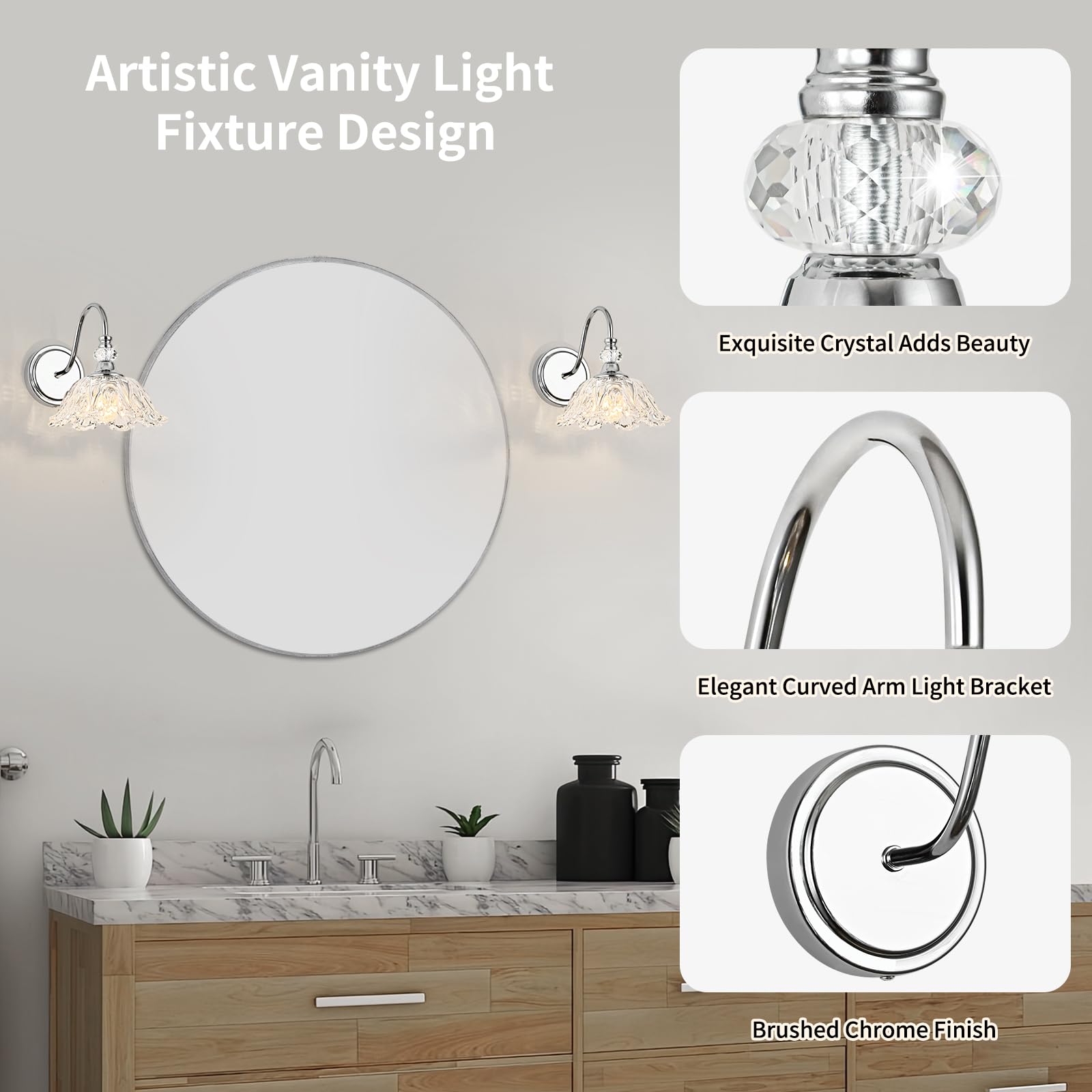 sunkryster Chrome Wall Sconce - 1-Light Modern Bathroom Vanity Light with Floral Glass Shade, Model Sun-104AB-1-Chrome