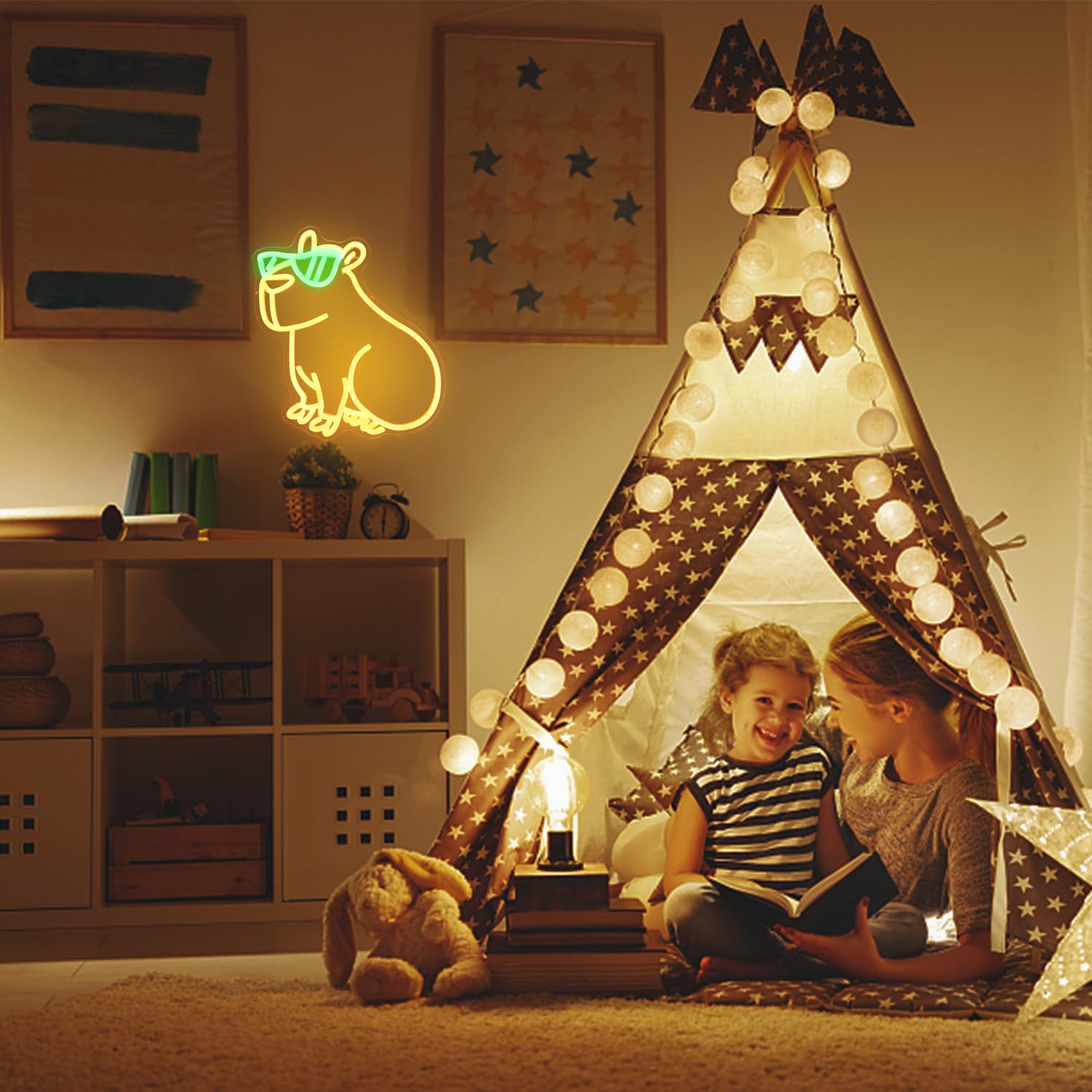 Cool Capybara Neon Sign Cute Animal with Glasses Yellow Green LED Signs for Wall Cartoon Neon Lights for Bedroom Capybara Neon N