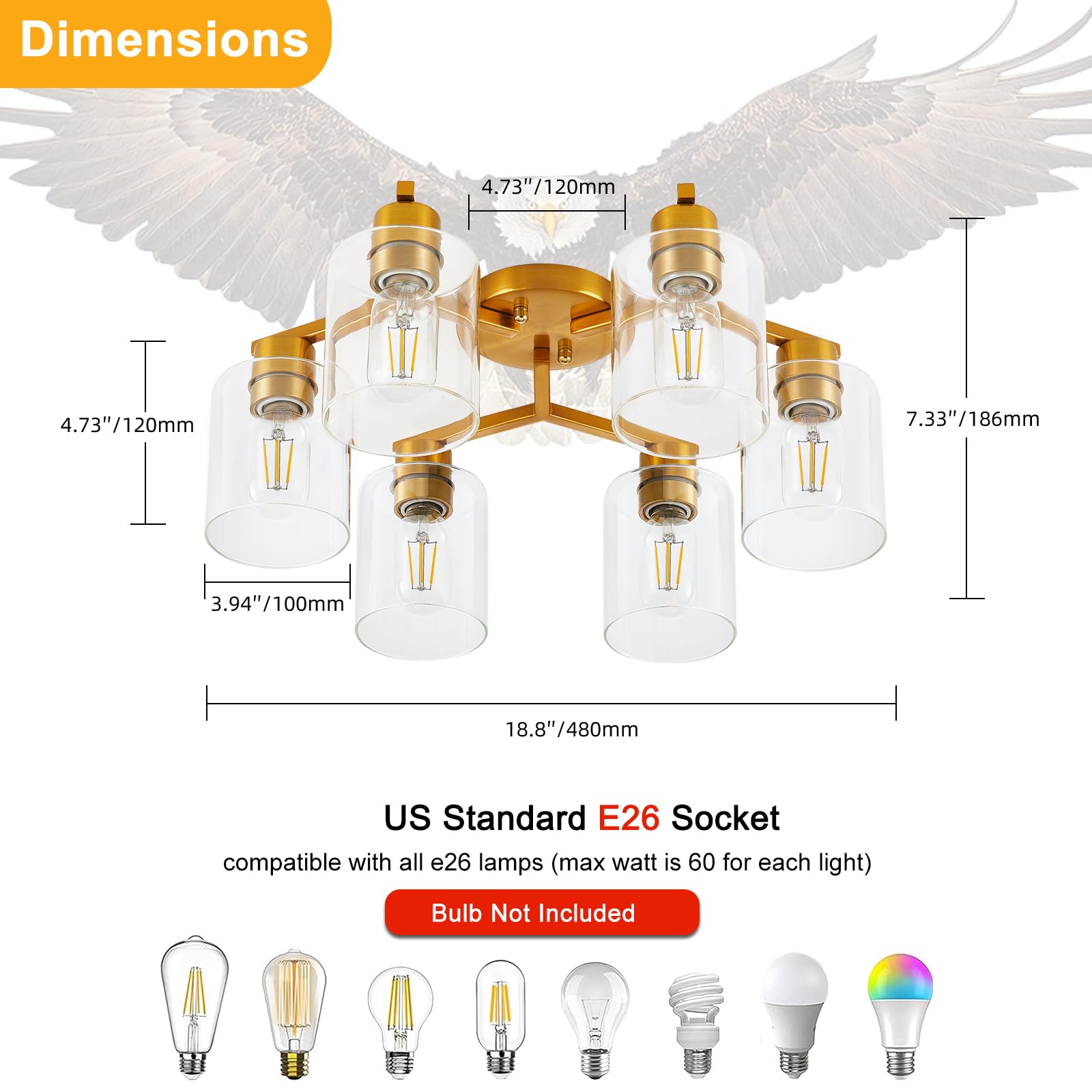 Gold Ceiling Light Fixture, Mid-Century Modern Kitchen Ceiling Light Fixtures, Gold Semi Flush Mount Ceiling Light, 6-Light Ligh