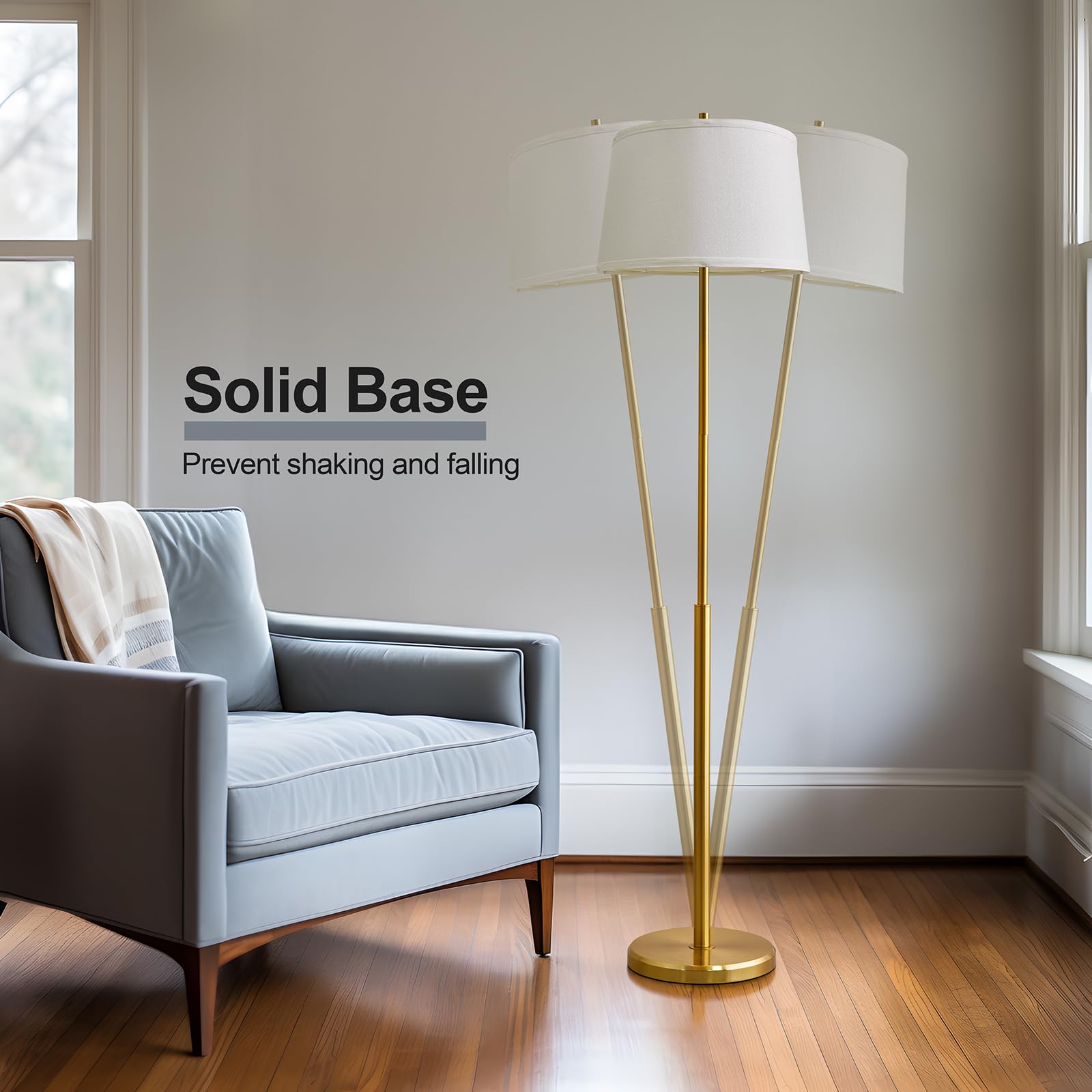 Oneach 61'' Floor Lamp For Living Room, Gold Modern Standing Lamp With White Linen Shade, Brass Tall Pole Light With Rotary Swit