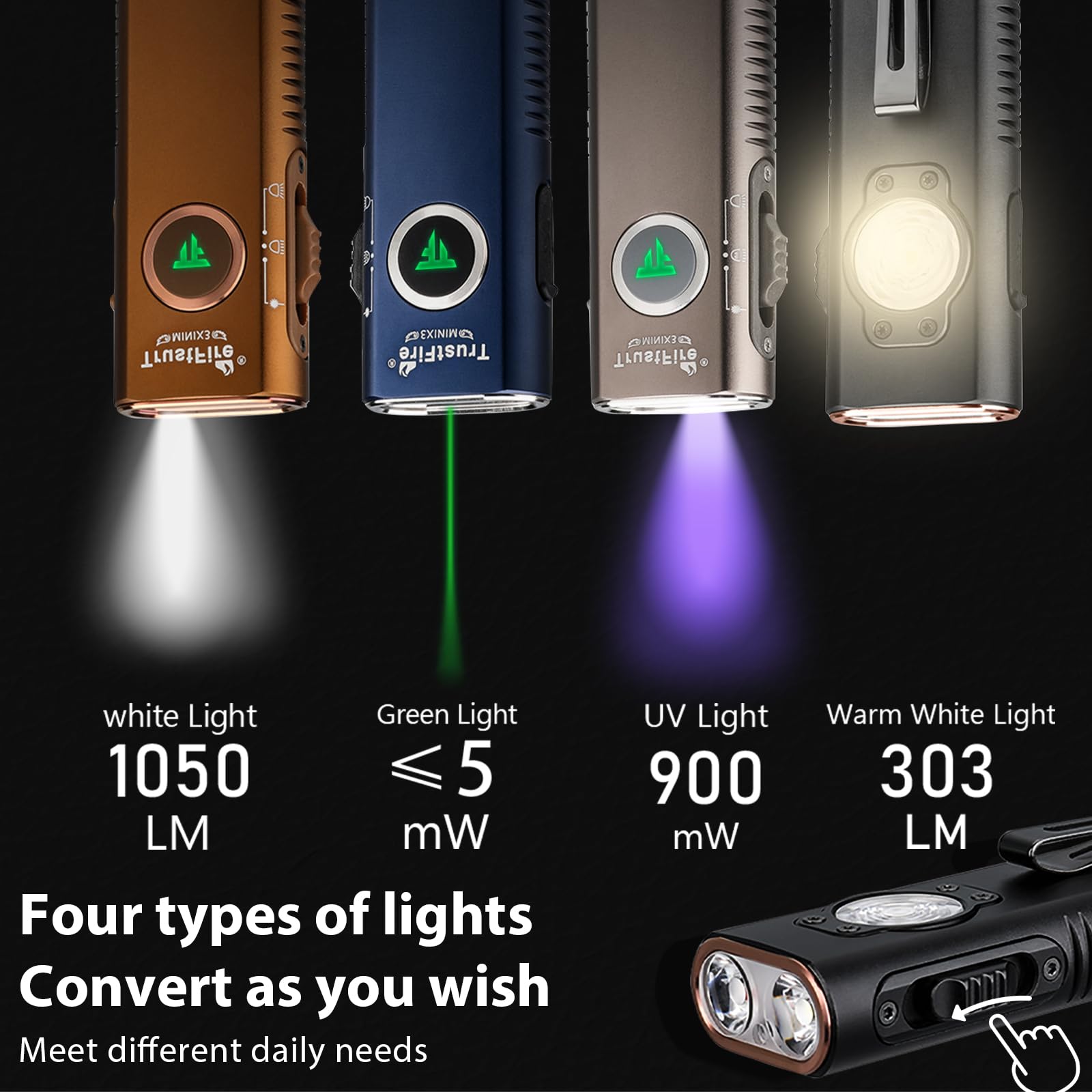 TrustFire Mini X3 EDC Flashlight, 1050 Lumens, Aluminum, Black, Model MINIX3-US, Rechargeable with White, UV, and Green Light